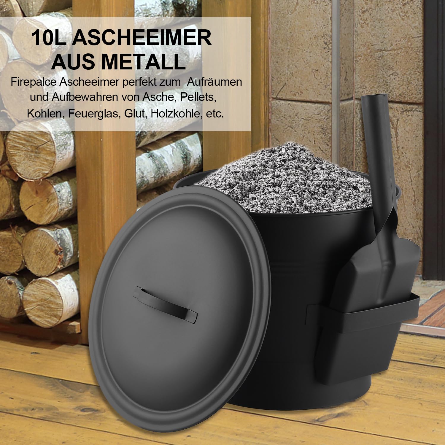 Ascheeimer mit Deckel, 10 Liter Holzkohle Kohleeimer Set mit Schaufel und Handbesen, Werkzeugset Zubehör für Kamin, Feuerstelle, Holzofen, Ascheschaufel mit Deckel für Kamin und Grill Kehrset, Schwarz