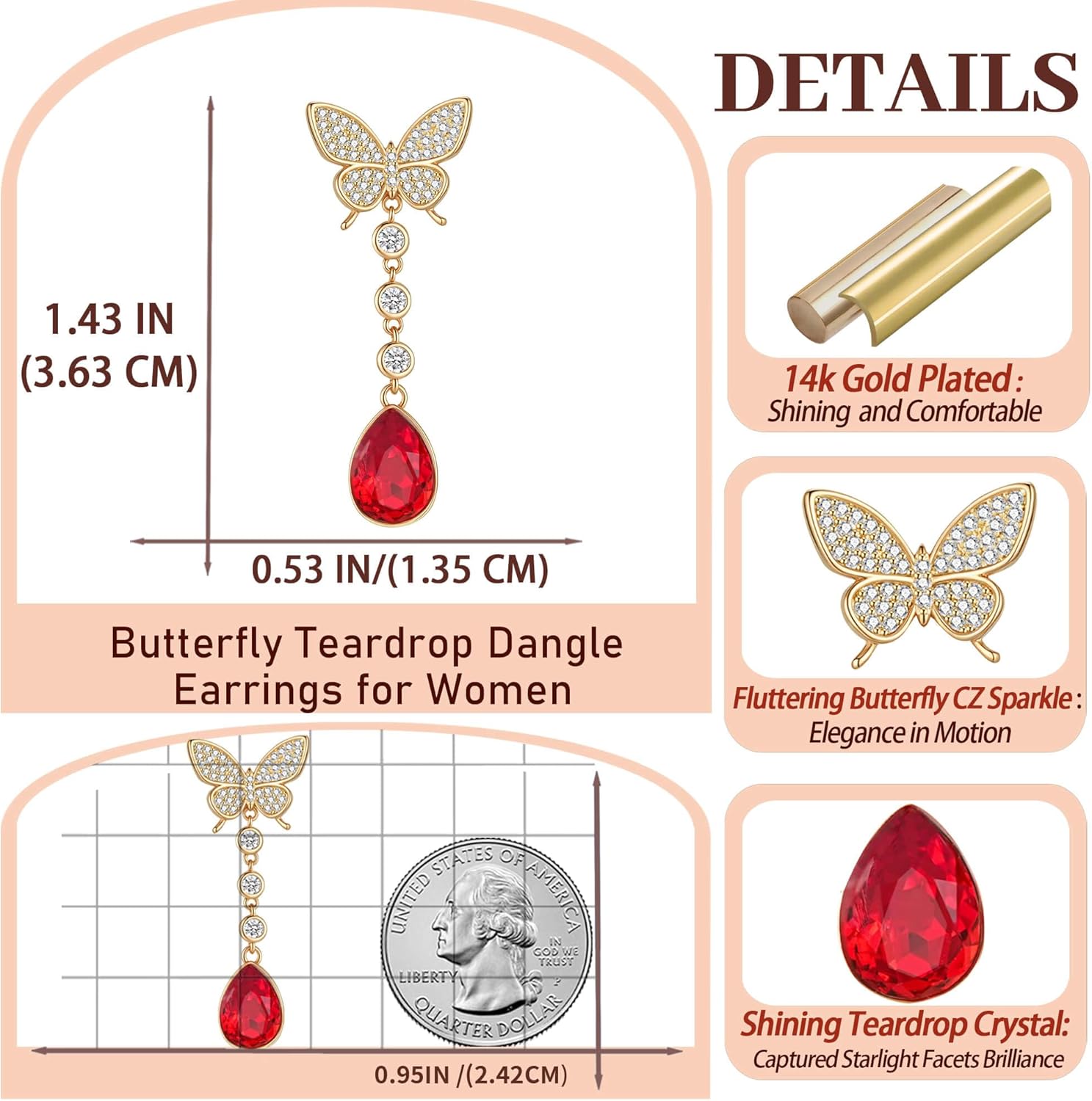 EVEVIC Austrian Crystal Teardrop Butterfly Dangle Stud Earrings for Women 14K Gold Plated Drop Earring Hypoallergenic Jewelry Gifts - Image 6