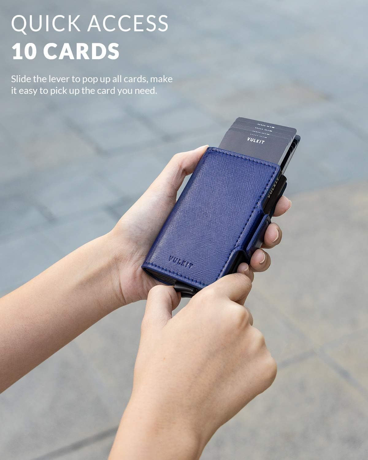 VULKIT Double Credit Card Holder RFID Blocking Pop Up Metal Card Holder Leather Men's Wallets Magnetic Closure with 2 Slots for 10-14 Cards - Image 3