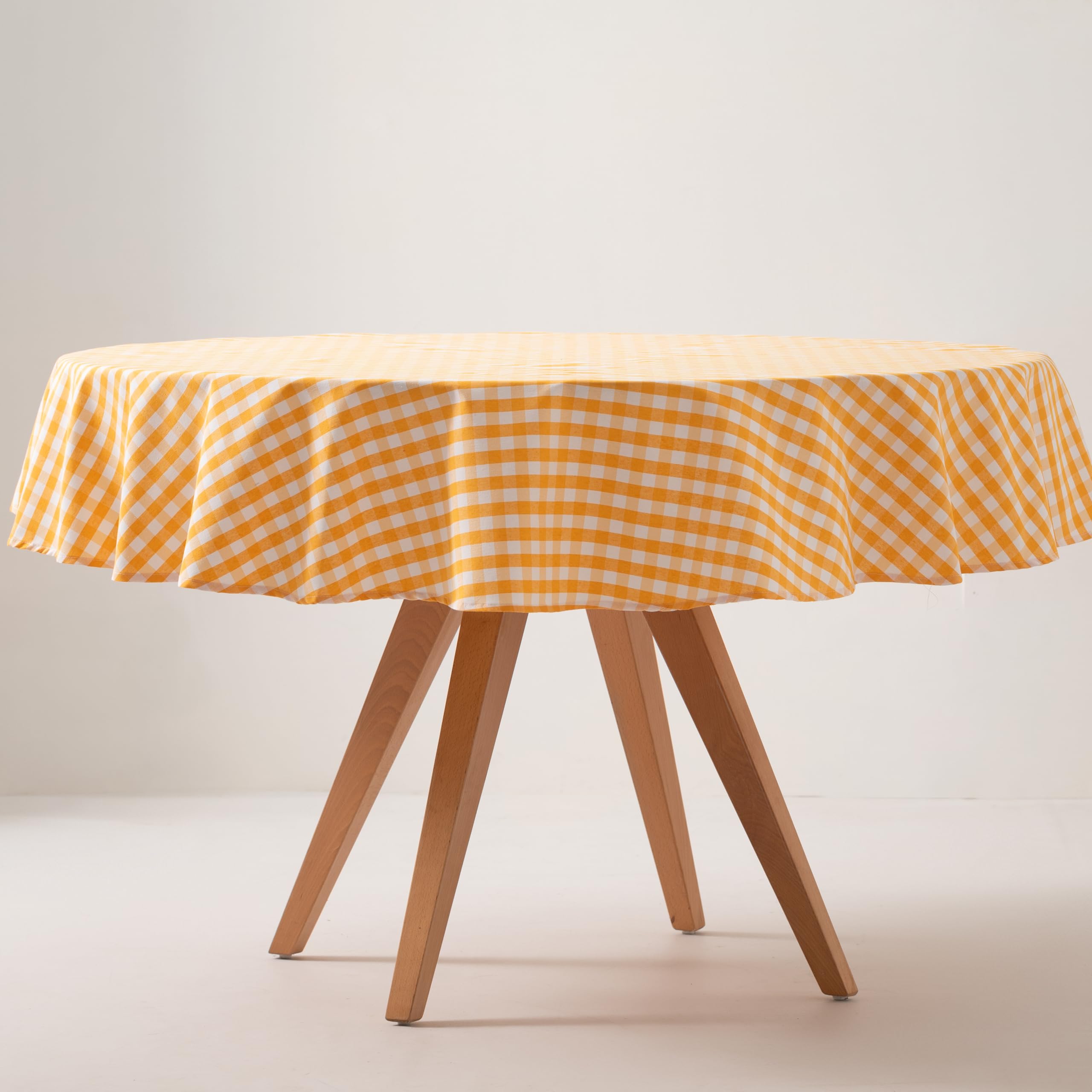 GAMUSI Stain-Resistant Tablecloth Round Vichy Chequered Cotton Fabric Feel 160 x 160 cm Yellow