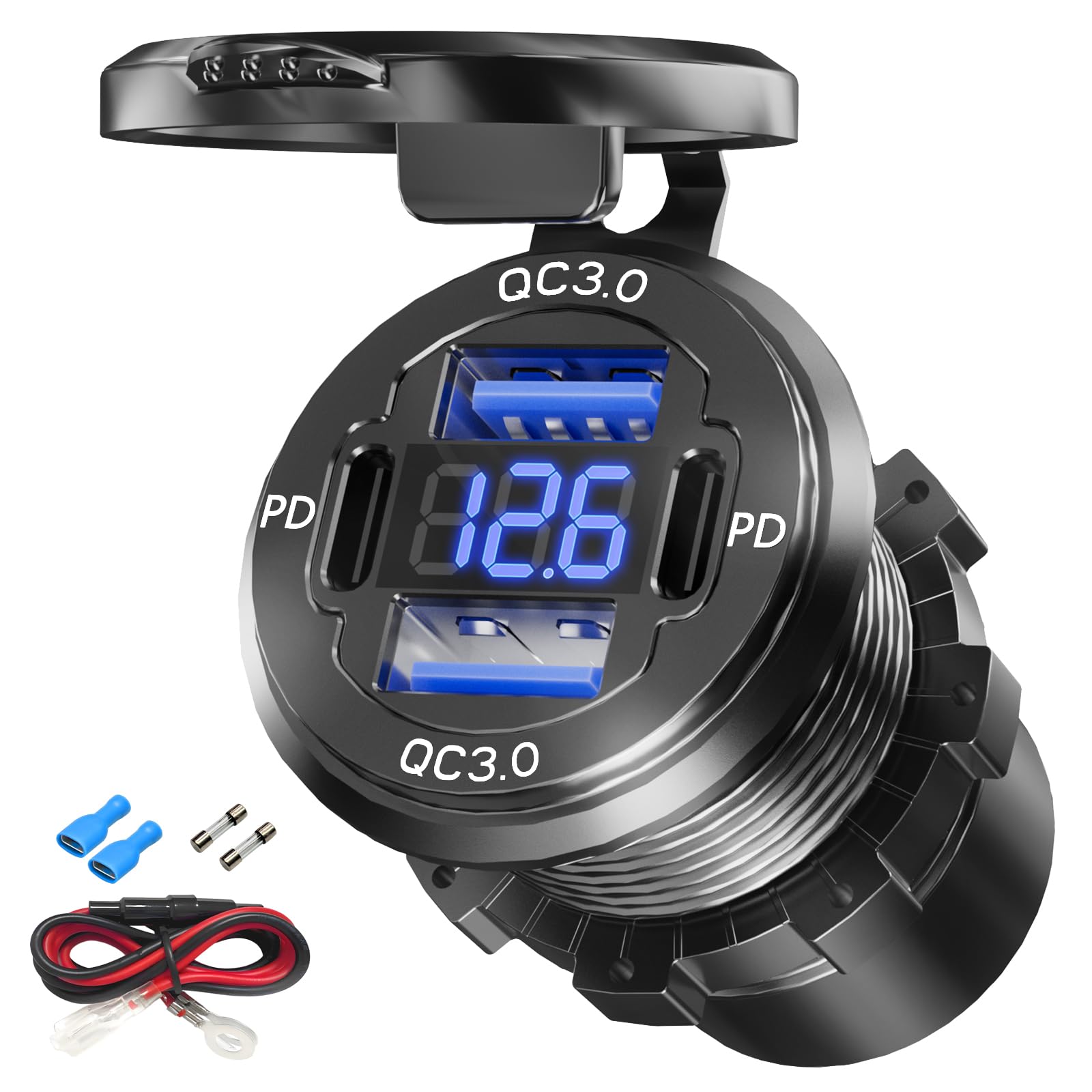 Dual PD USB C Ports & Dual Quick Charge 3.0 Ports Car Charger Socket, VANONE Aluminum Alloy Waterproof 12V USB Outlet, Accessories for Car Boat Marine Motorcycle RV ATV Truck Golf Cart, etc