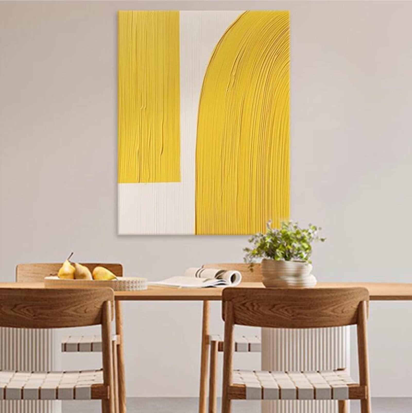 Peinture à l'huile Wabi-Sabi en grande taille faite main, tableau géométrique abstrait jaune