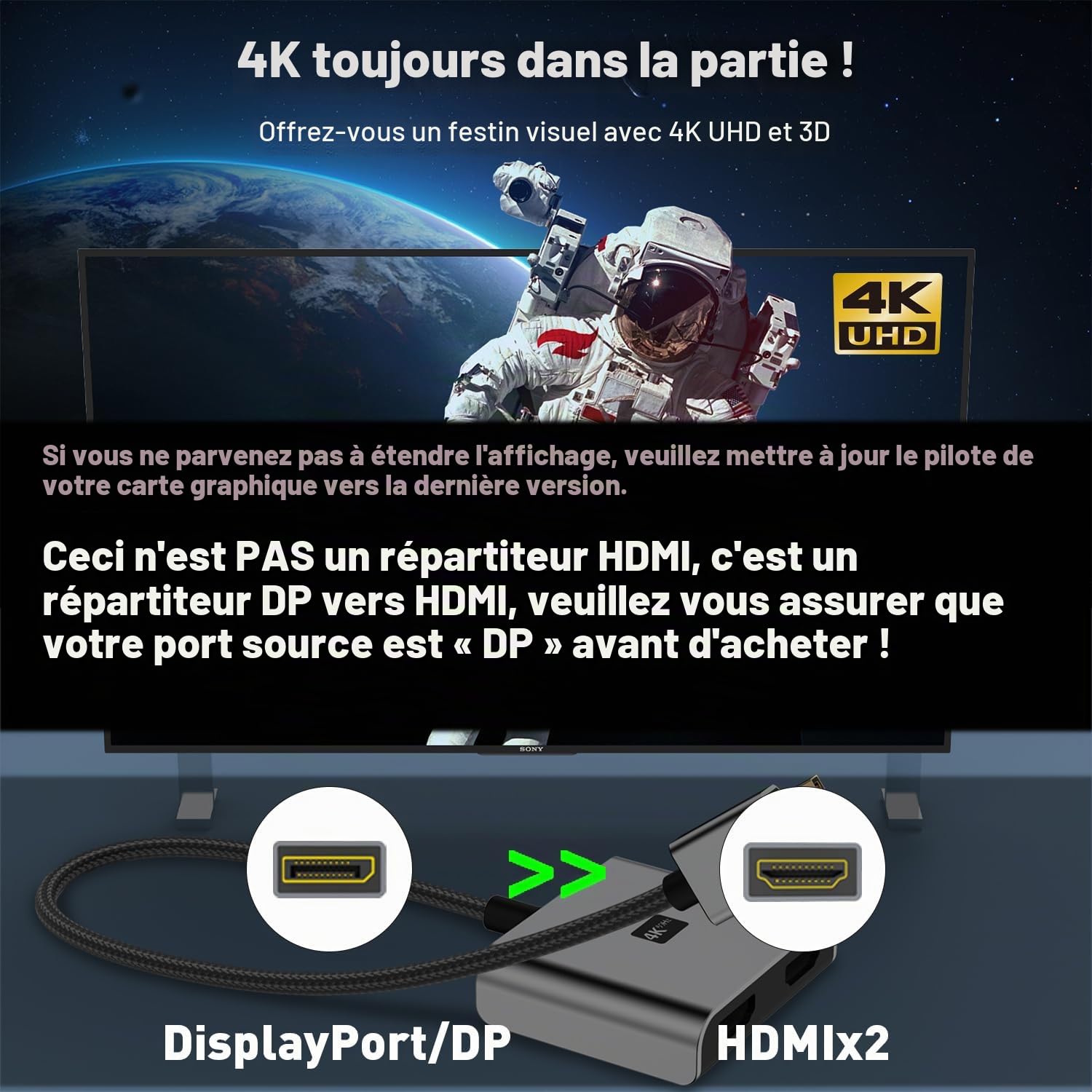 UANTIN Adaptateur DisplayPort vers double HDMI | 4K 60 Hz DP source vers HDMI Splitter adaptateur d'affichage étendu pour deux moniteurs, convertisseur de port d'affichage pour carte graphique NVIDIA
