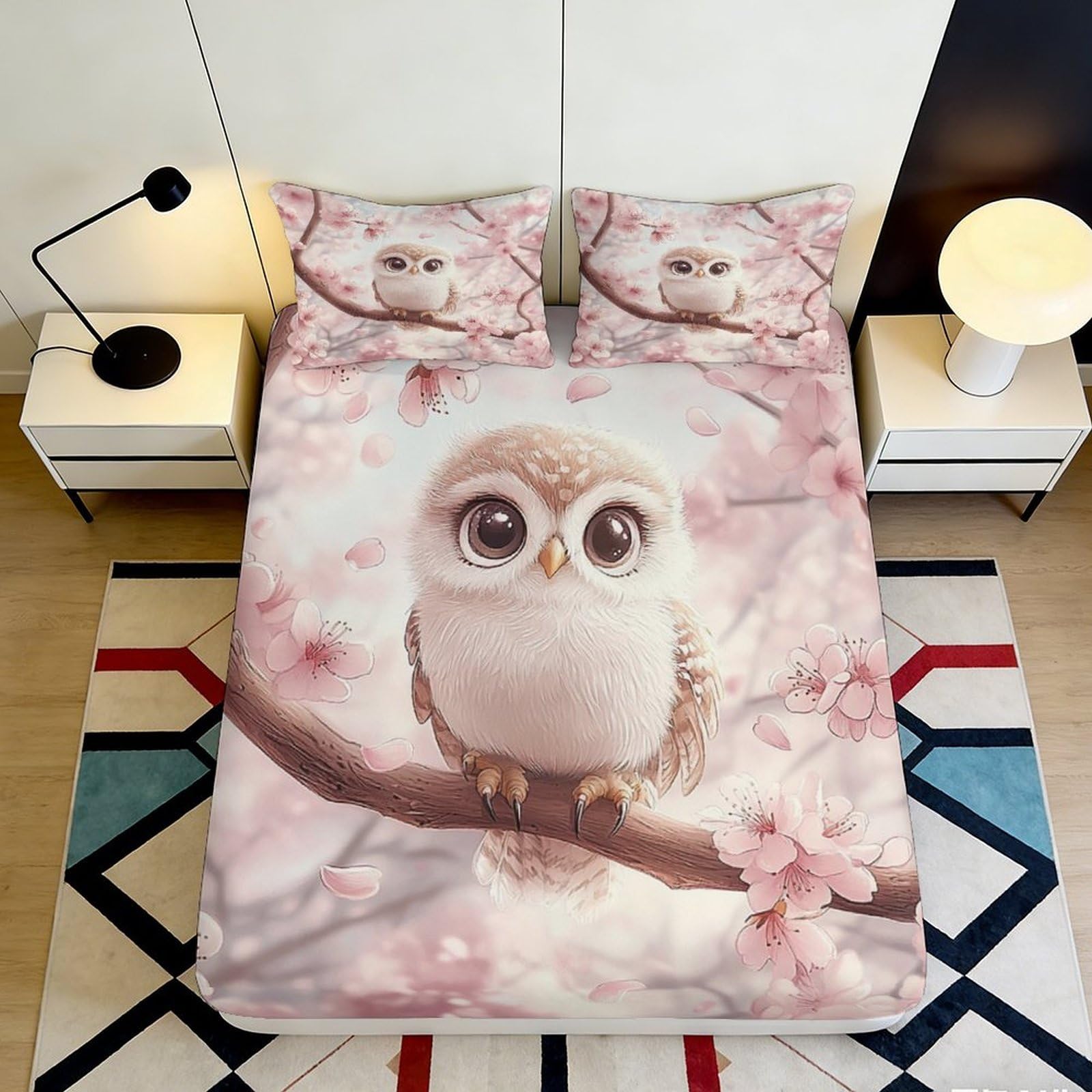 Jqzkxnhpbr Style-7 3D Printed Sakura Owl Fitted Sheet Microfiber Soft Breathable Blossom Bird Mattress Cover For Bedroom Dorm 90X200x25cm