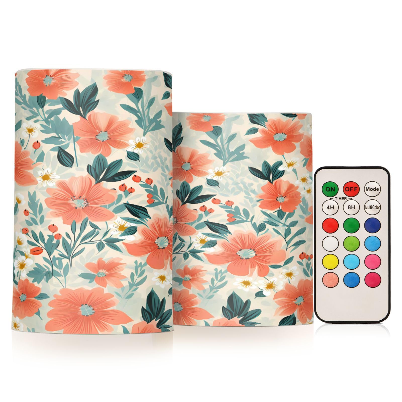 ALAZA Red Flowers Green Leaves Flickering Flameless Candles Battery Operated with Remote Timer,Tea Light Candles LED Pillar Votive Candles Set of 2 for Outdoor Indoor Decorations