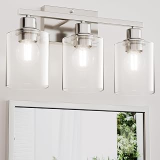 Bathroom Lighting Fixtures Over Mirror Brushed Nickel, Rustproof 3-Light Vanity Lights for Bathroom, 18Inches Modern Wall Sconces E26 Base, Transparent Clear Glass Shades, Bulbs Not Included