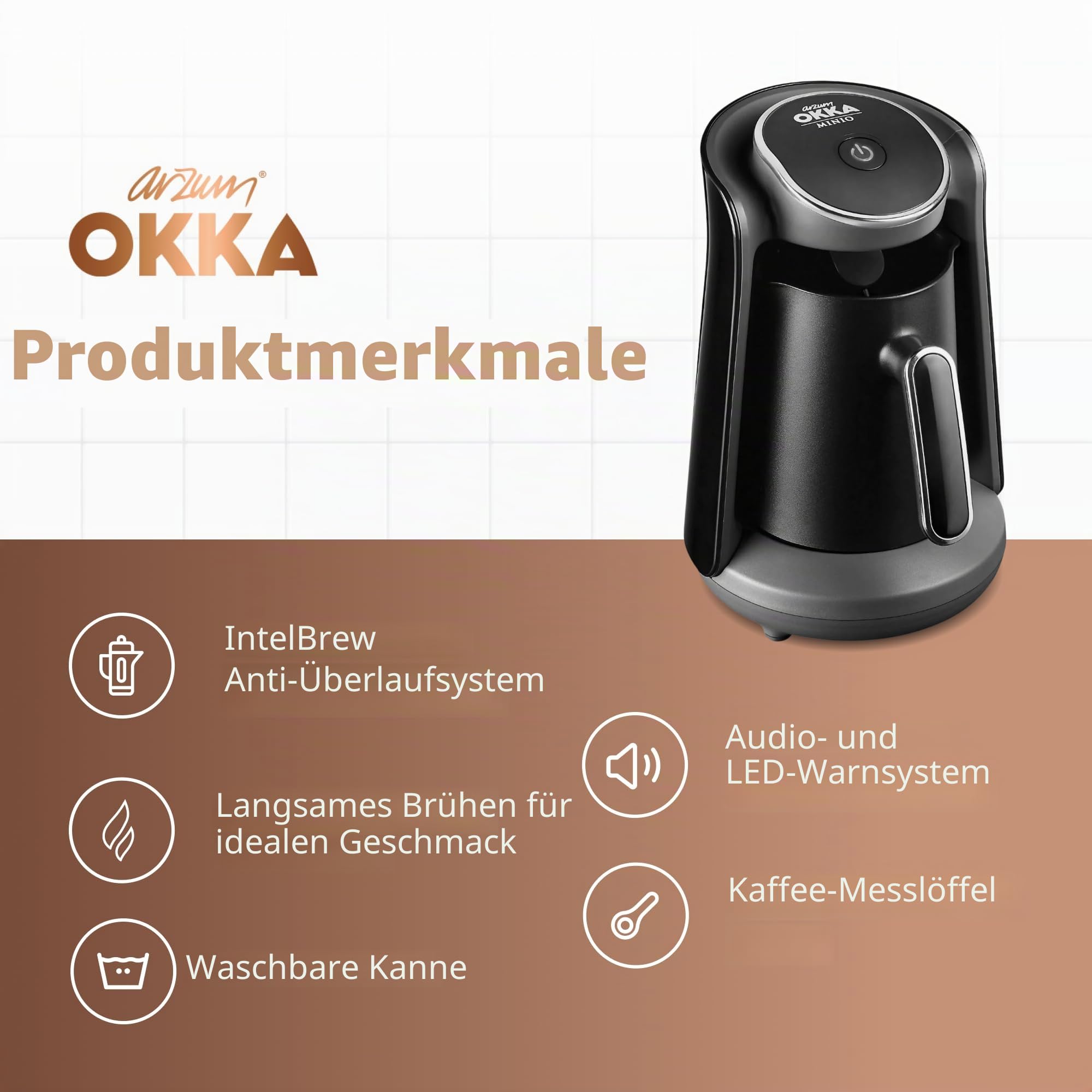 Arzum Okka Minio Türkische Kaffeemaschin Mit Patentiertem Überlaufsensor, Idealem Brühen Bei Niedriger Hitze Und Waschbarer Kanne Für Bis Zu 4 Tassen