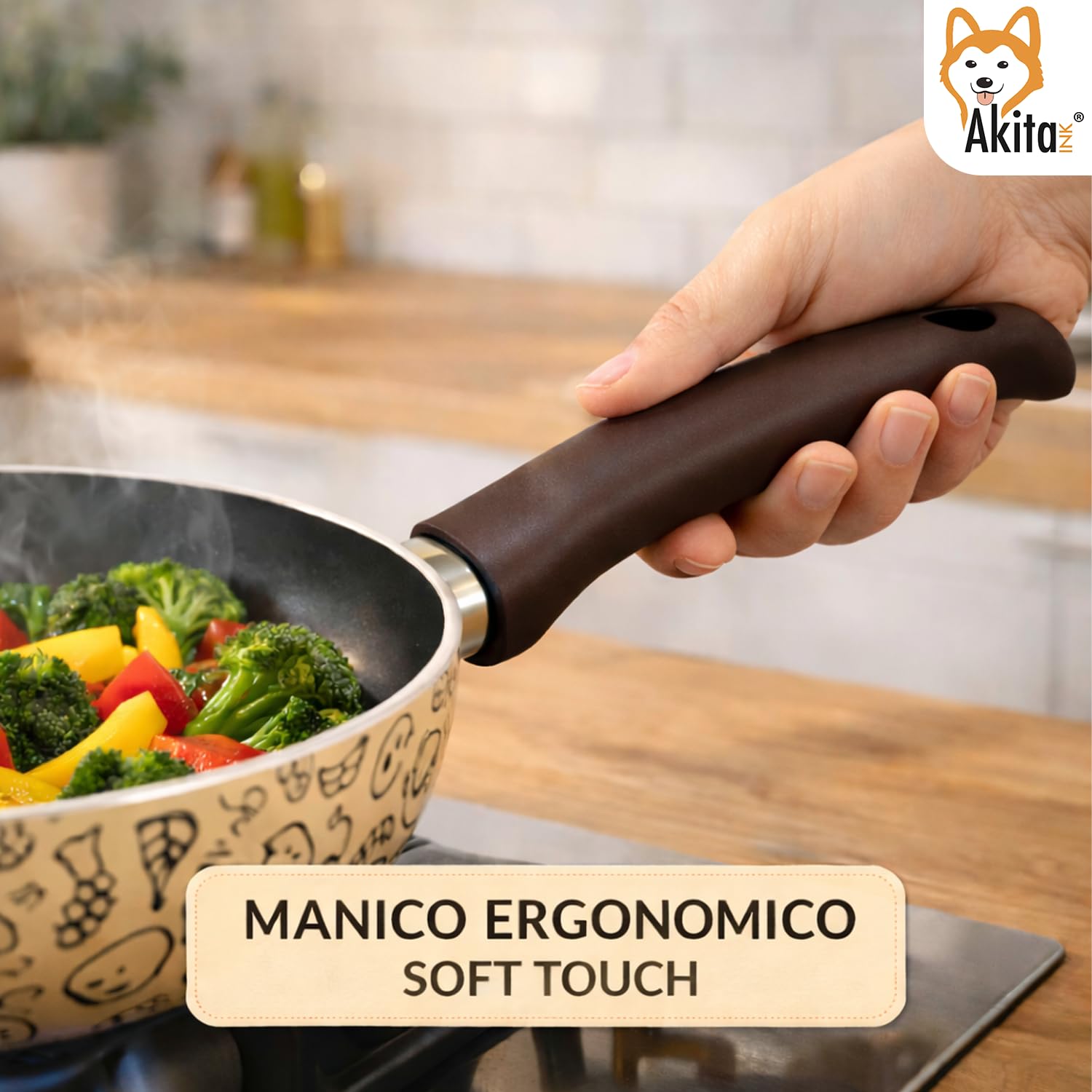 AKITAInk Set 3 Padelle Antiaderenti 20, 24 e 28 cm - Padelle Pastella da Cucina con Rivestimento Antiaderente e Manico Soft Touch, Ideali per Cotture Uniformi