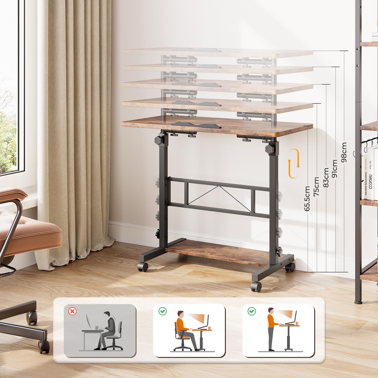 Dripex 80x40cm Stehpult, Schreibtisch höhenverstellbar 65-98cm, Mobiler Computertisch mit Rollen und mit neigbar Tischplatte, Überbett-Tisch, Steh-Sitztisch für Zuhause und Büro, Vintage Braun