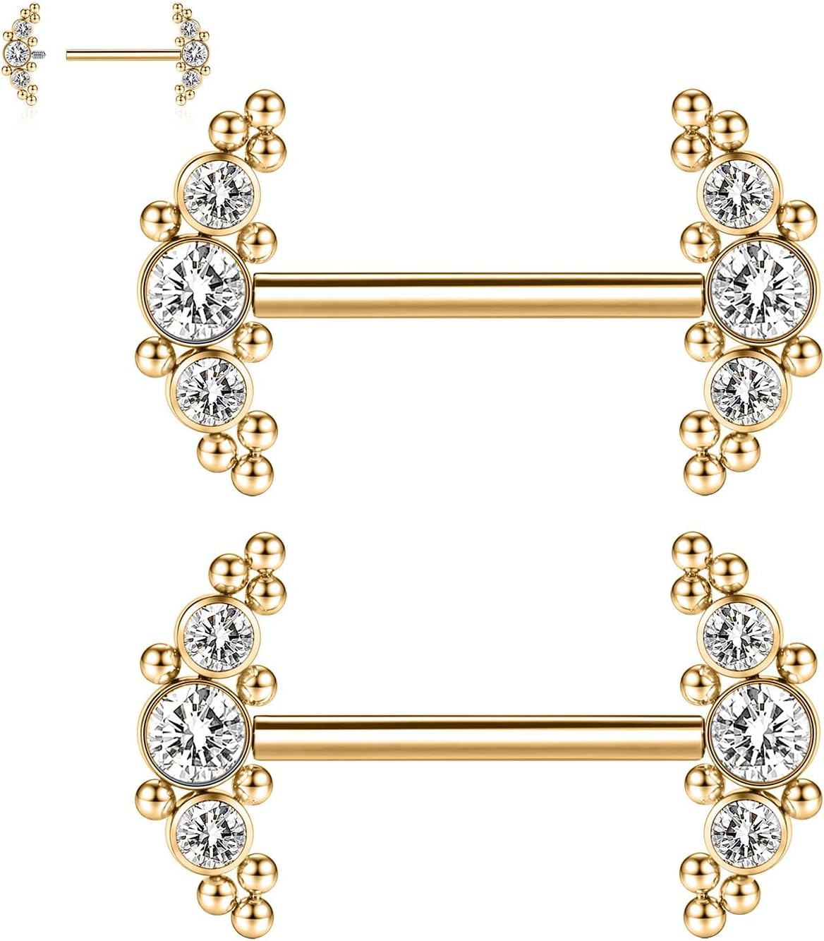GAGABODY Pair 14G Nipple Rings G23 Titanium Internally Threaded Nipple Barbells 12mm-18mm Bridge Piercing Jewelry Straight Nipple Bar for Women Men Nipple Piercing Jewelry with CZ/Opal STYLE2B:1 Pair-Gold+Two-Sided Arc CZ&Bead 14G+9/16"(14mm)