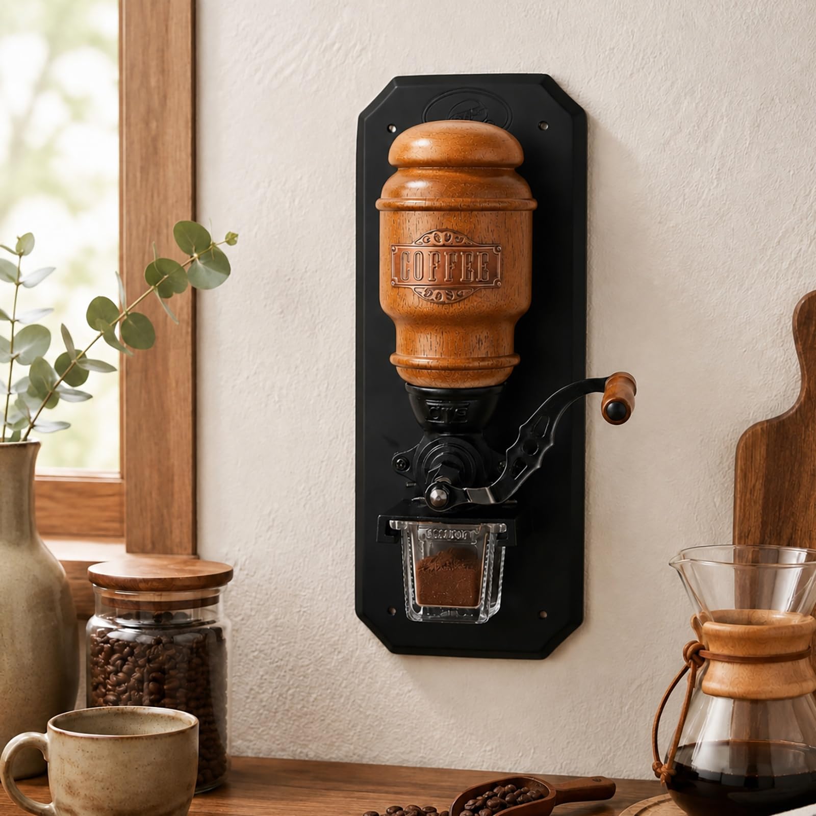 Wall Mounted Coffee Grinder, Hand Crank Burr Mill for Kitchen Decor | Vintage Wall Design, Adjustable Cast Iron Burr, 20g Bean Capacity, Glass Powder Jar, for Espresso French Press Pour Over