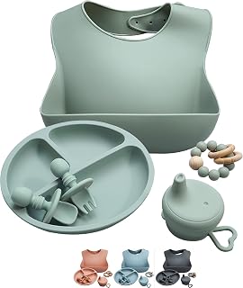 Baby Feeding Set Silicone Baby Bib Baby Plate Bowl Spoon Fork Divided Plate Baby Teether Baby Led Weaning Baby Gift Set