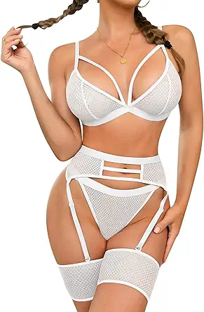 popiv Women's Fishnet Lingerie Sexy Set Lace Bra and Panty Sets with Garter Belt 4 Piece