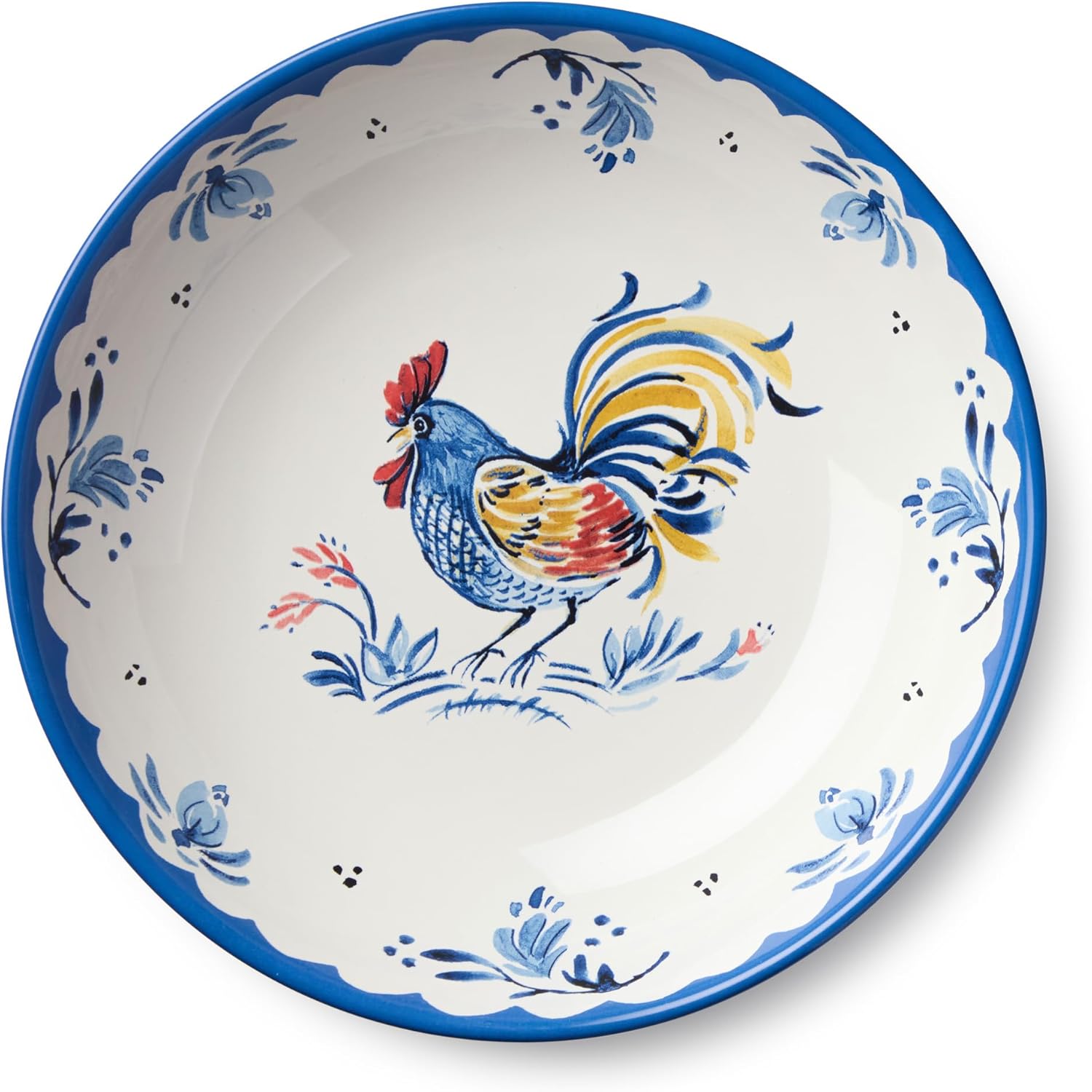 French Rooster Ceramic SERVING BOWL 13 x 3 Inches, rustic farmhouse bowl with cobalt trim and classic rooster motif, ideal for salads, pasta, vegetables, family meals, entertaining