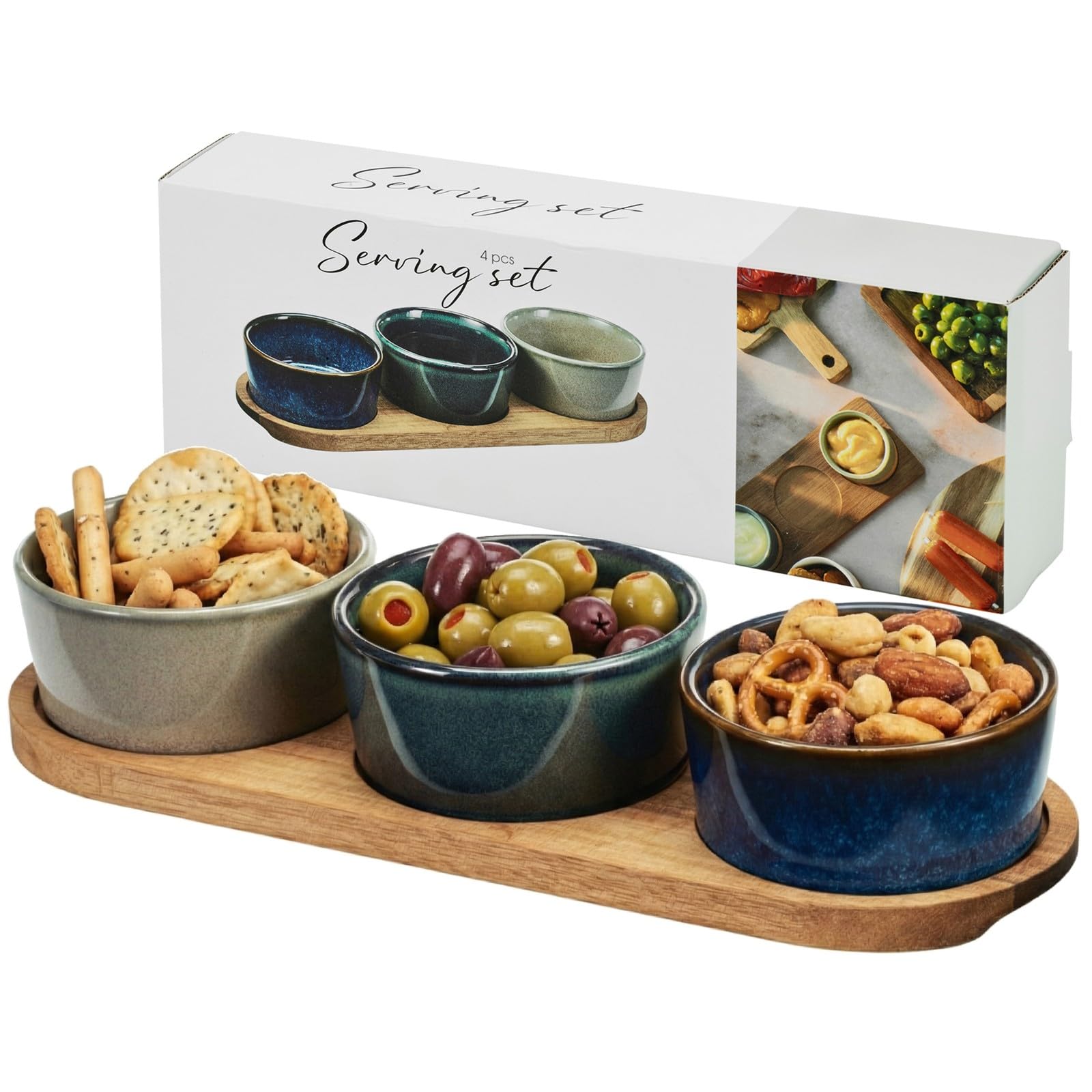 URBNLIVING 4-Piece Ceramic Dip Bowl Set with Acacia Wood Tray – Tapas, Appetiser, Snack & Condiment Serving Set