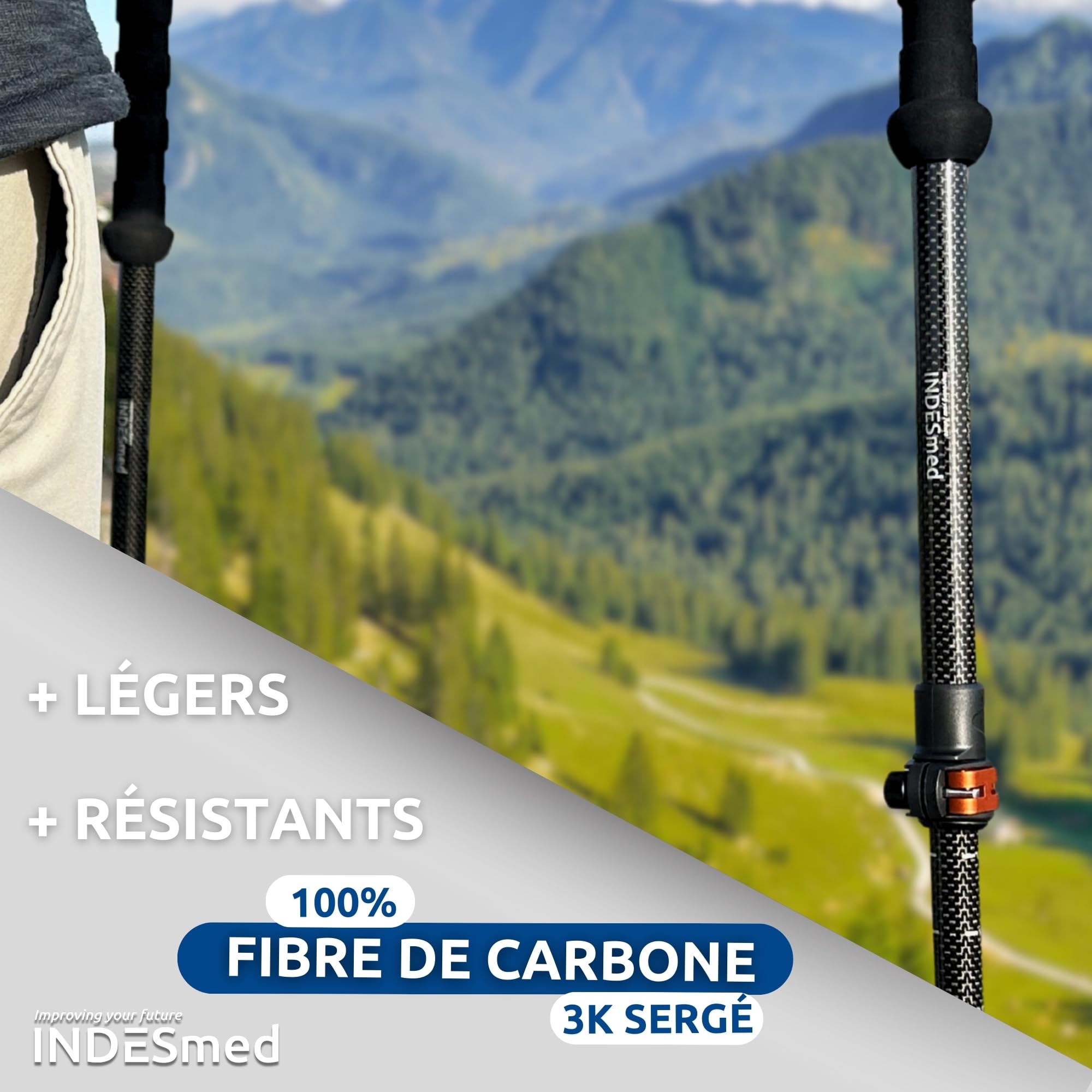 INDESmed - Bâtons de randonnée télescopiques 100% Carbone – Antichoc, antidérapant – Bâton de Marche Nordique Pliable avec Fermeture Rapide | 8 Accessoires Tout-terrains – Poles Trekking