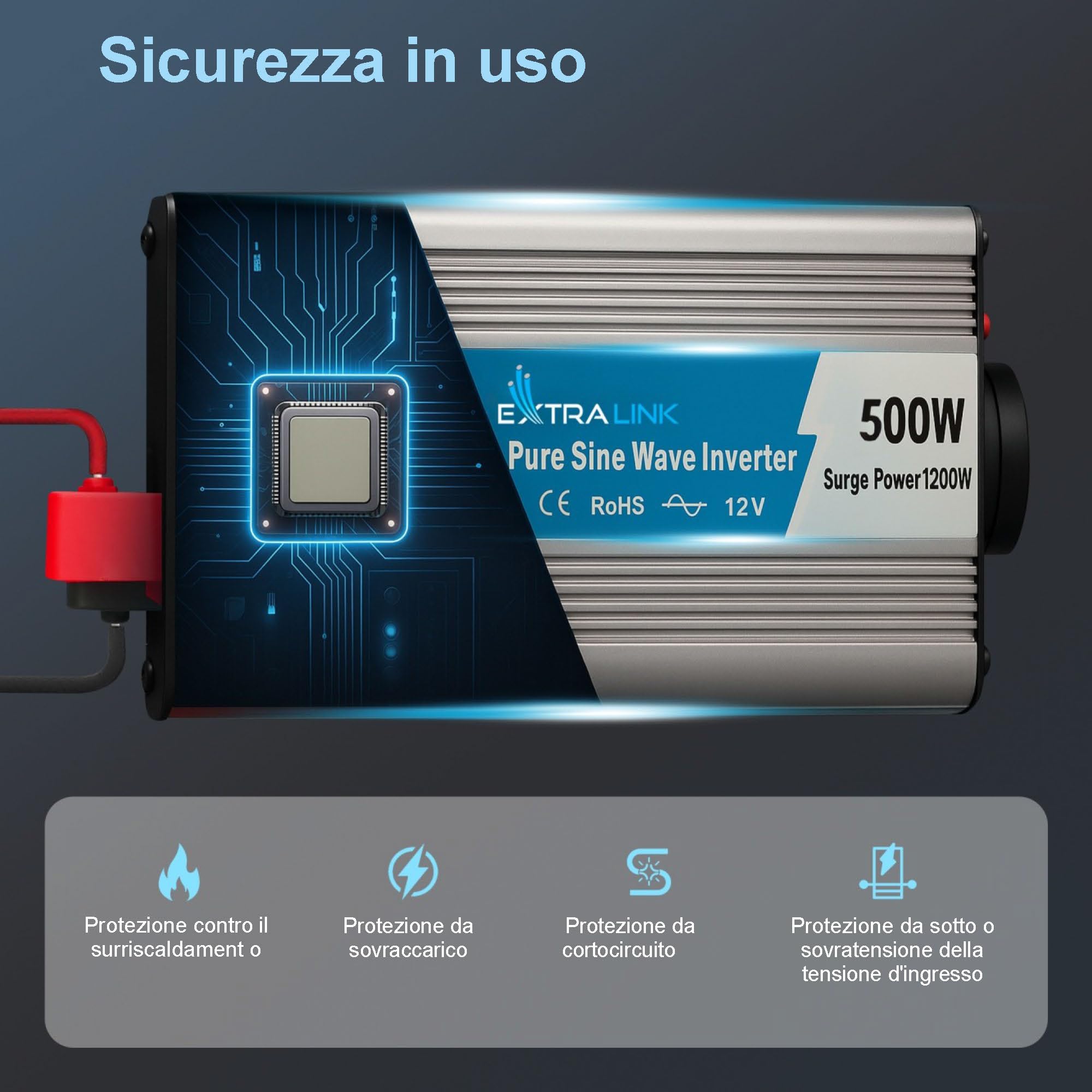 EXTRALINK Inverter 12V 220V onda pura 500W, trasformatore 220v 12v, protezione 4 livelli, ventola silenziosa, porta USB, presa accendisigari – per auto, camper, dispositivi sensibili, solar