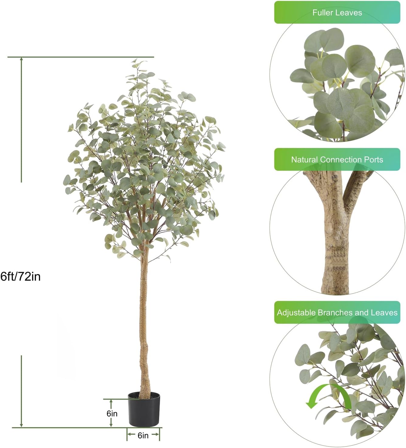 Nafresh Tall Eucalyptus Tree Artificial，6ft(72in) Faux Eucalyptus Tree with Realistic Silk Leaves， Fake Trees Indoor Outdoor for Home Office Living Room Bedroom Foyer Porch Decor. - Image 2