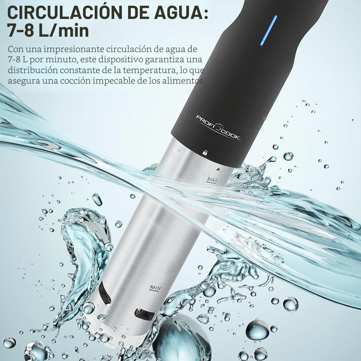 ProfiCook® Sous Vide Stick función mantener caliente y descongelar, sous vide hasta 90°C, pinza de montaje para olla de cocción lenta. Pantalla táctil, carcasa de acero inoxidable, PC- SV 1126