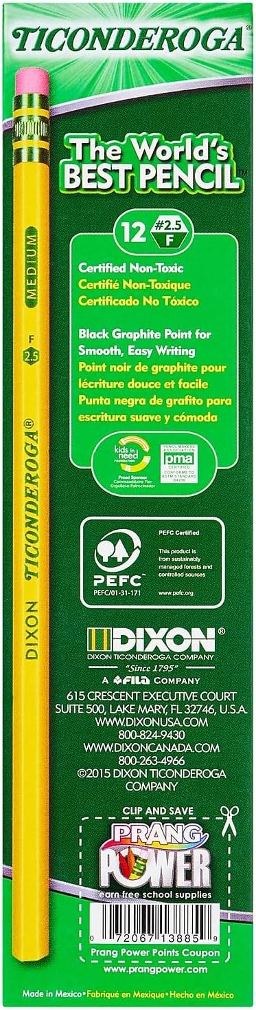 Ticonderoga Woodcase Pencil, F #2.5, Yellow Barrel, 12 per pack [Set of 3]