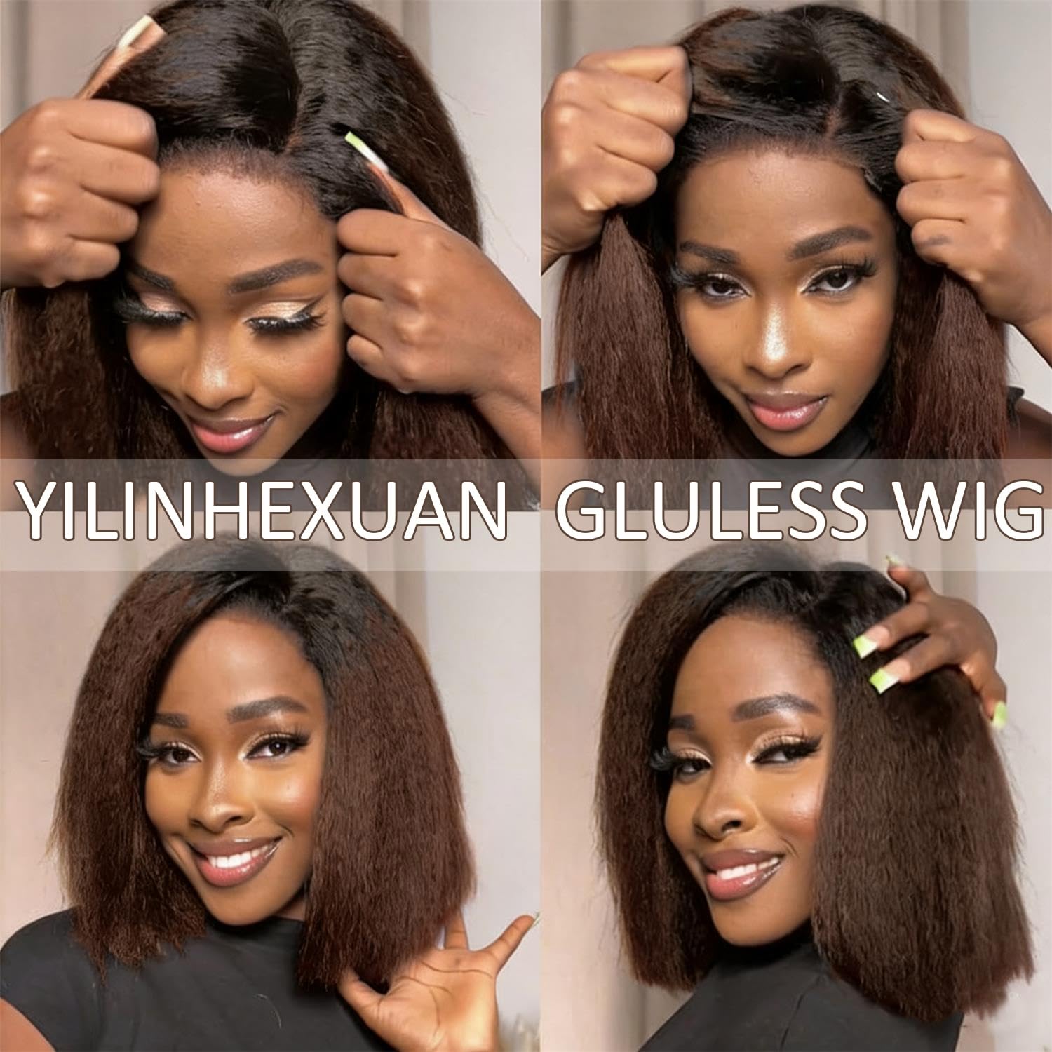 1B30 Color Kinky Straight Wig Human Hair with Curly Baby Hair Glueless Wigs Ombre Brown Short Bob Yaki Wigs For Black Women Side Part 13x6 Lace Front Wig Natural Hairline 14Inch