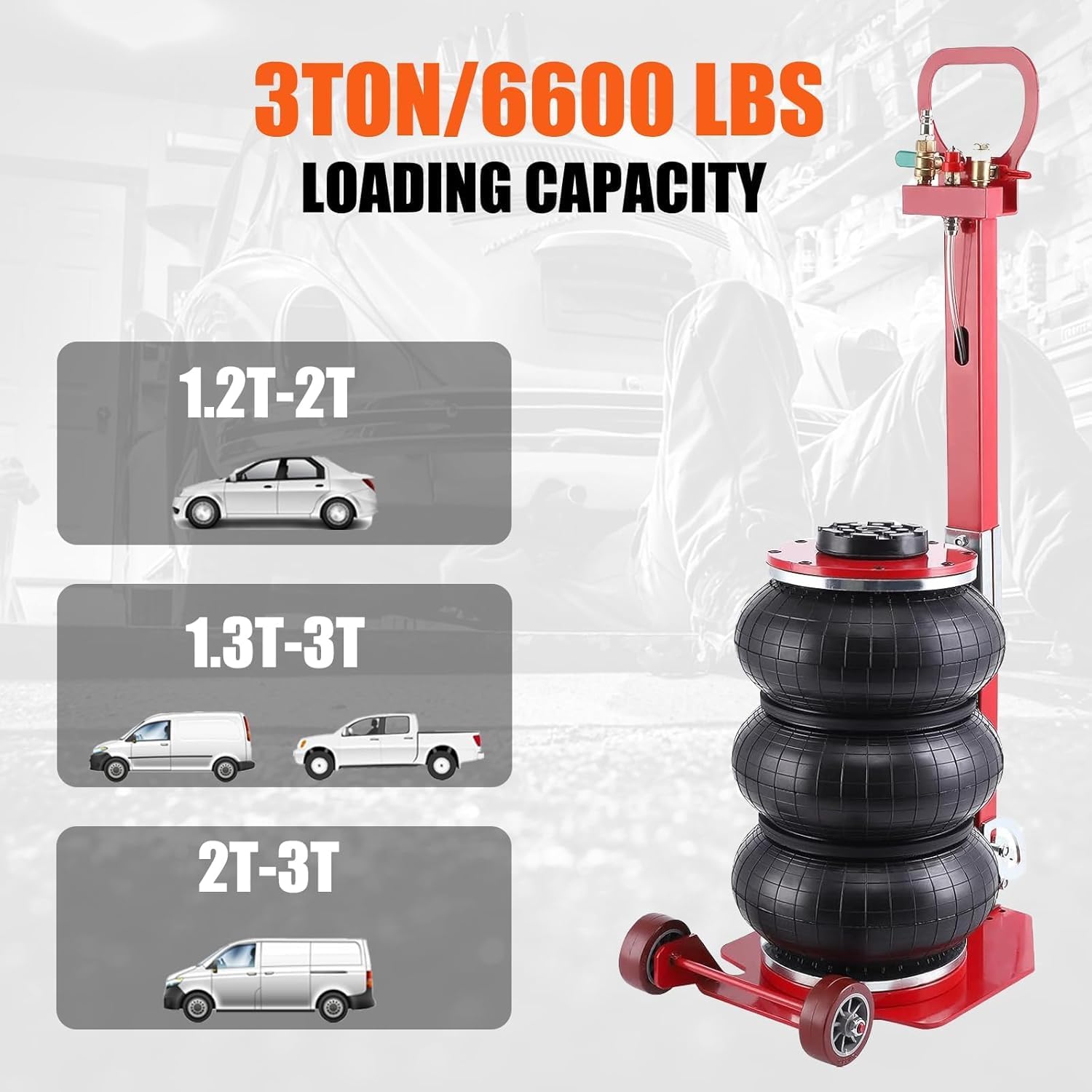 3-Ton Red Air Bag Jack – 6600lbs Heavy-Duty Pneumatic Lift for Trucks & SUVs | 5.5"-15.7" Rapid Lift, Non-Fold Steel Handle, Triple Safety Valves & All-Terrain Casters