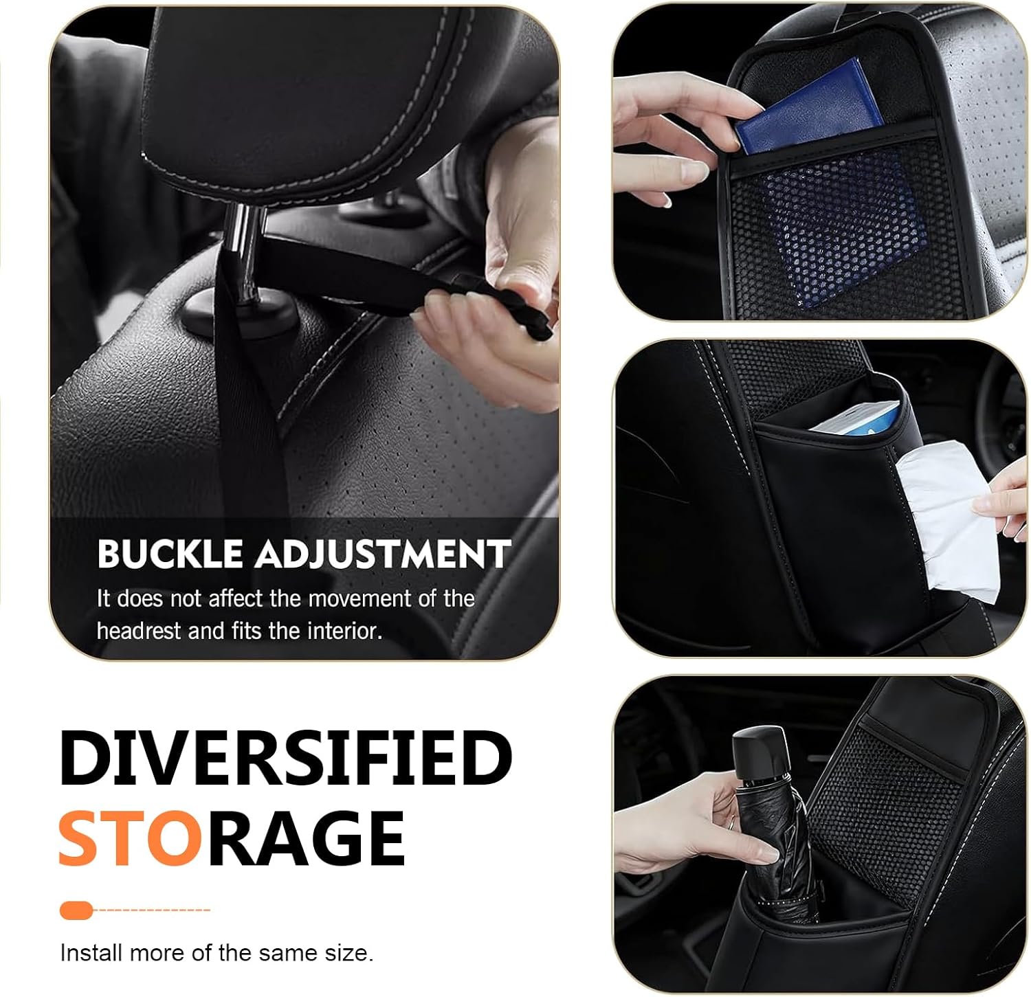 Car Tissue Holder, Leather Seat Side Strap-On Organizer Box with Mesh Net, Multifunctional Hanging Card Cup Holder Storage Bag, Universal for Most Cars (Black)