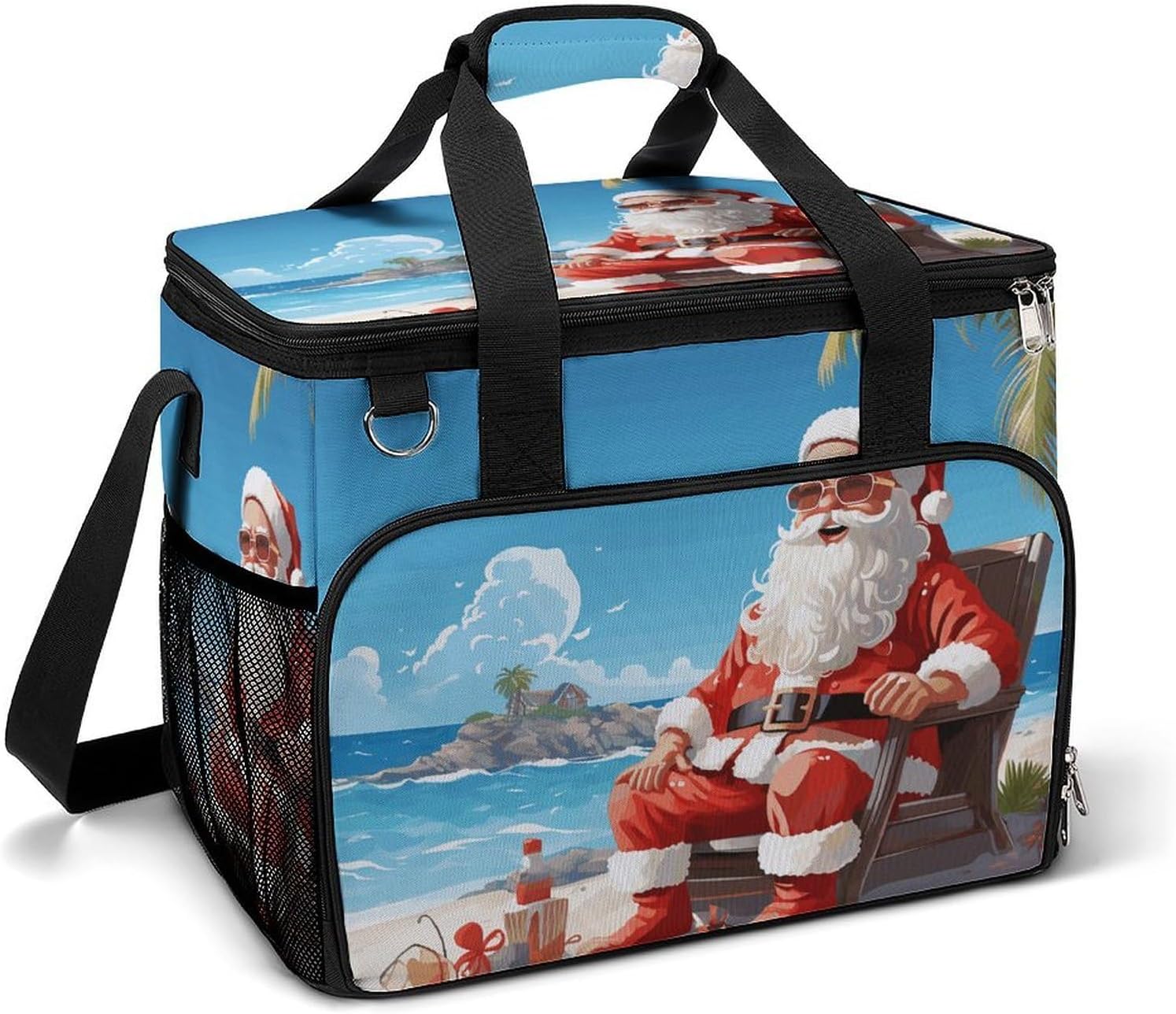 Large Capacity Oxford Cloth Santa Claus at Beach Printed Camping Ice Bag, Outdoor Portable Insulation and Cooling Bag, Suitable for Outdoor Camping and Picnics