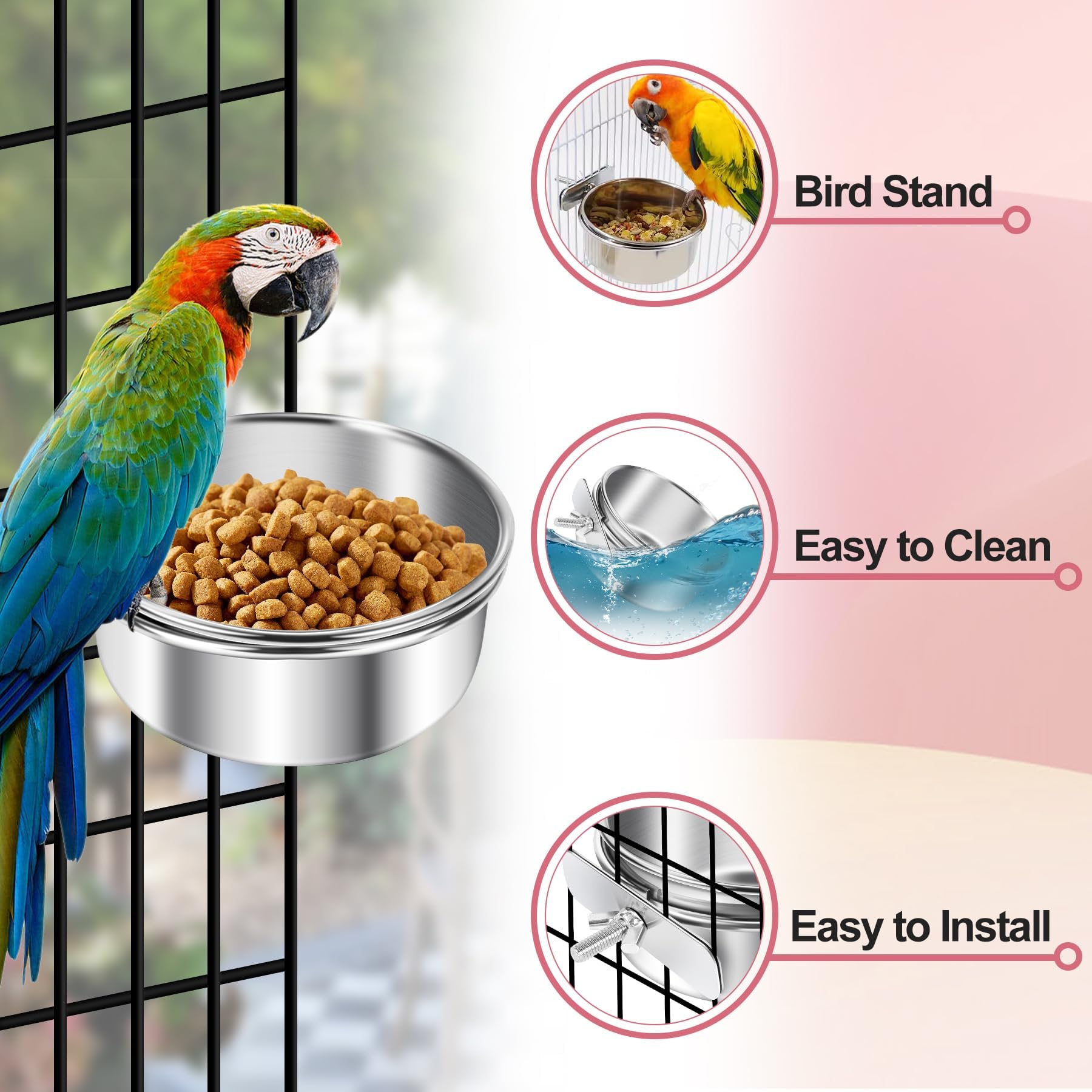 ToLanbbt 4 ciotole per cibo per uccelli in acciaio inox con morsetti di supporto, per pappagalli, gabbie per pappagalli, mangiatoie per calopsitte, conuri, parrocchetti, ara, piccoli animali, M