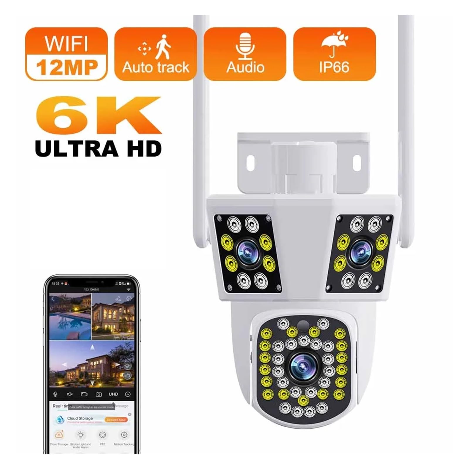 Kamera bezpieczeństwa, Kamera zewnętrzna 6K 12MP WIFI IP z funkcją śledzenia ruchu PTZ, trzema obiektywami i ekranami, wodoodpornym systemem bezpieczeństwa(6K 12MP ADD 32G)