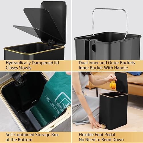 Miniatura 3 de Aupekro Basurero de baño con tapa de cierre suave, 3.1 galones de acero inoxidable con cepillo de inodoro, cubo de basura rectangular con cubo