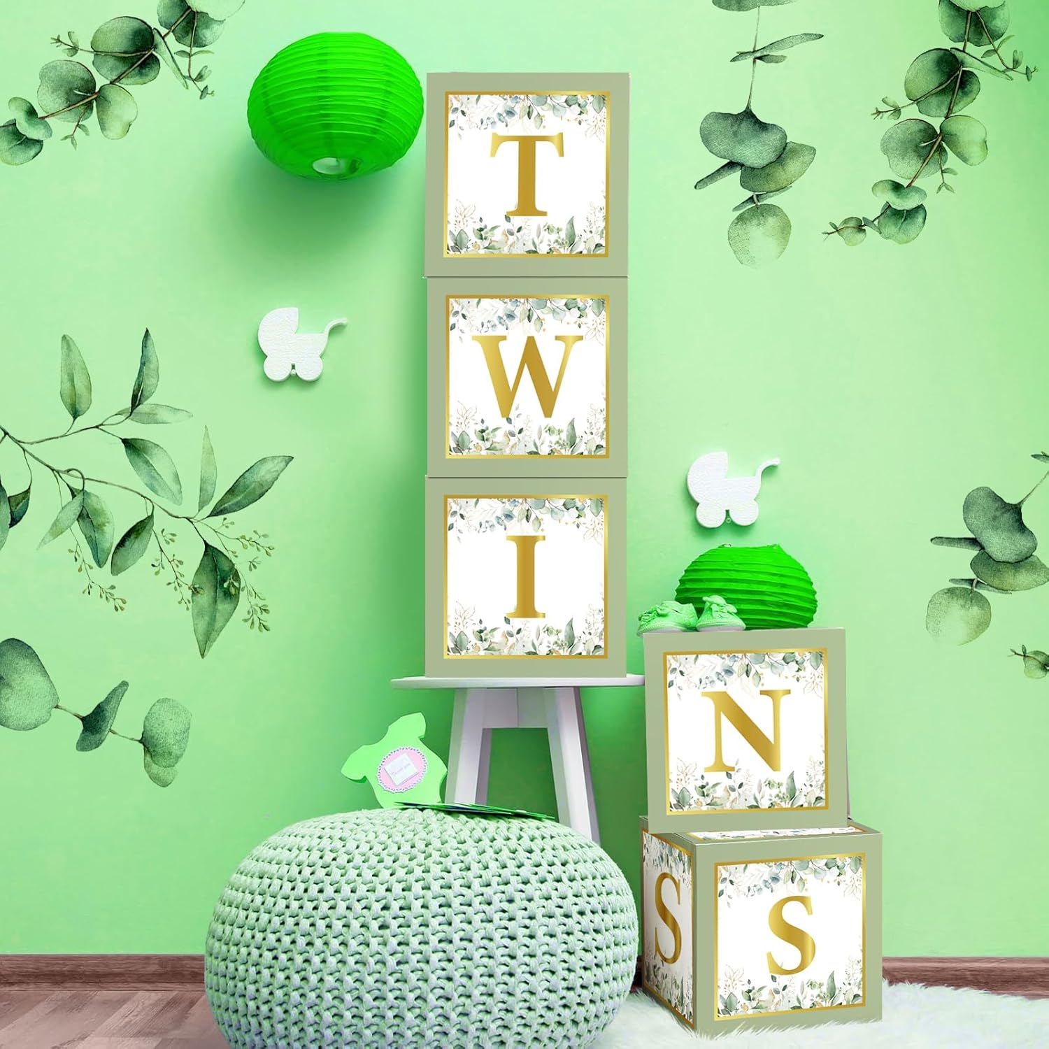 Marspark 5 Pcs Twins Baby Shower Boxes Decorations Supplies Sage Green Baby Boxes for Twins Balloon Boxes Gender Reveal Baby Shower Birthday Party Favors