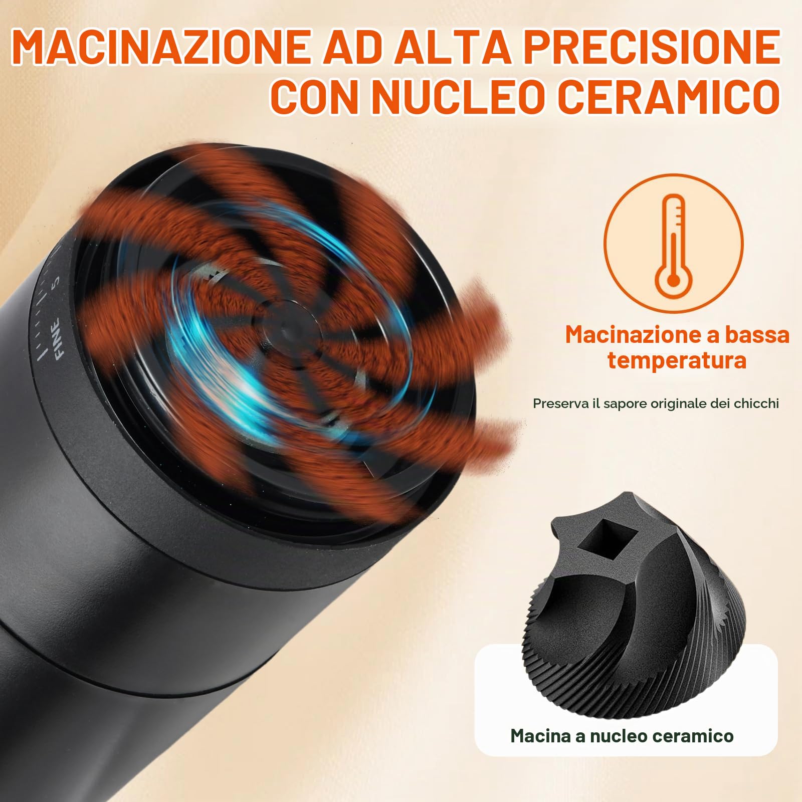 Macinacaffè Elettrico, Coffee Grinder Portatile con 38 Impostazioni Regolabili, USB Ricaricabile, Macina Caffè Granulometria Regolabile per semi e spezie, per Casa Ufficio Viaggi e Campeggio