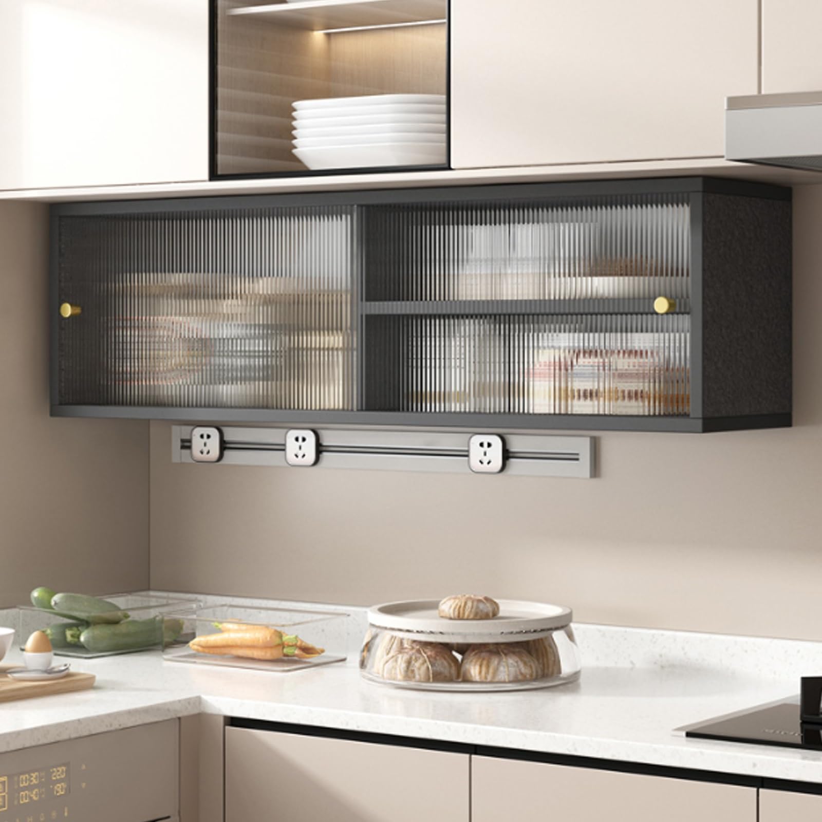 Vetrina a parete in vetro,piccolo mobiletto da cucina in legno massello，Mobili da cucina sotto il ripiano porta spezie, pensile con anta scorrevole in vetro, libreria portaoggetti in legno massello pe