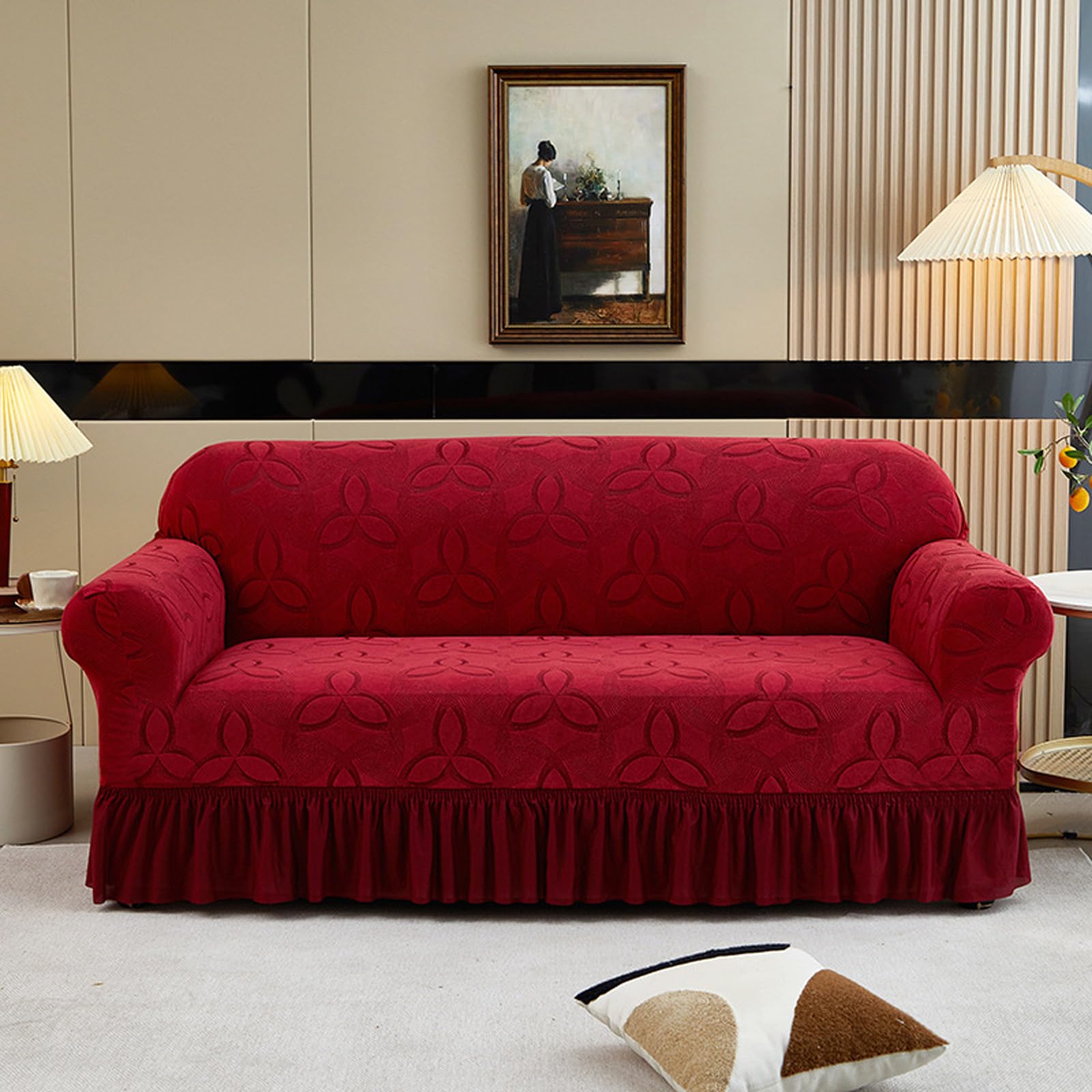 Elastic Protective Cover with Skirt, 1, 2, 3, 4 Seaters, Armchair Protector with Ruffled Skirt, Elastic Non-Slip Sofa Cover, Full Coverage Sofa Cover, Lightweight and Breathable