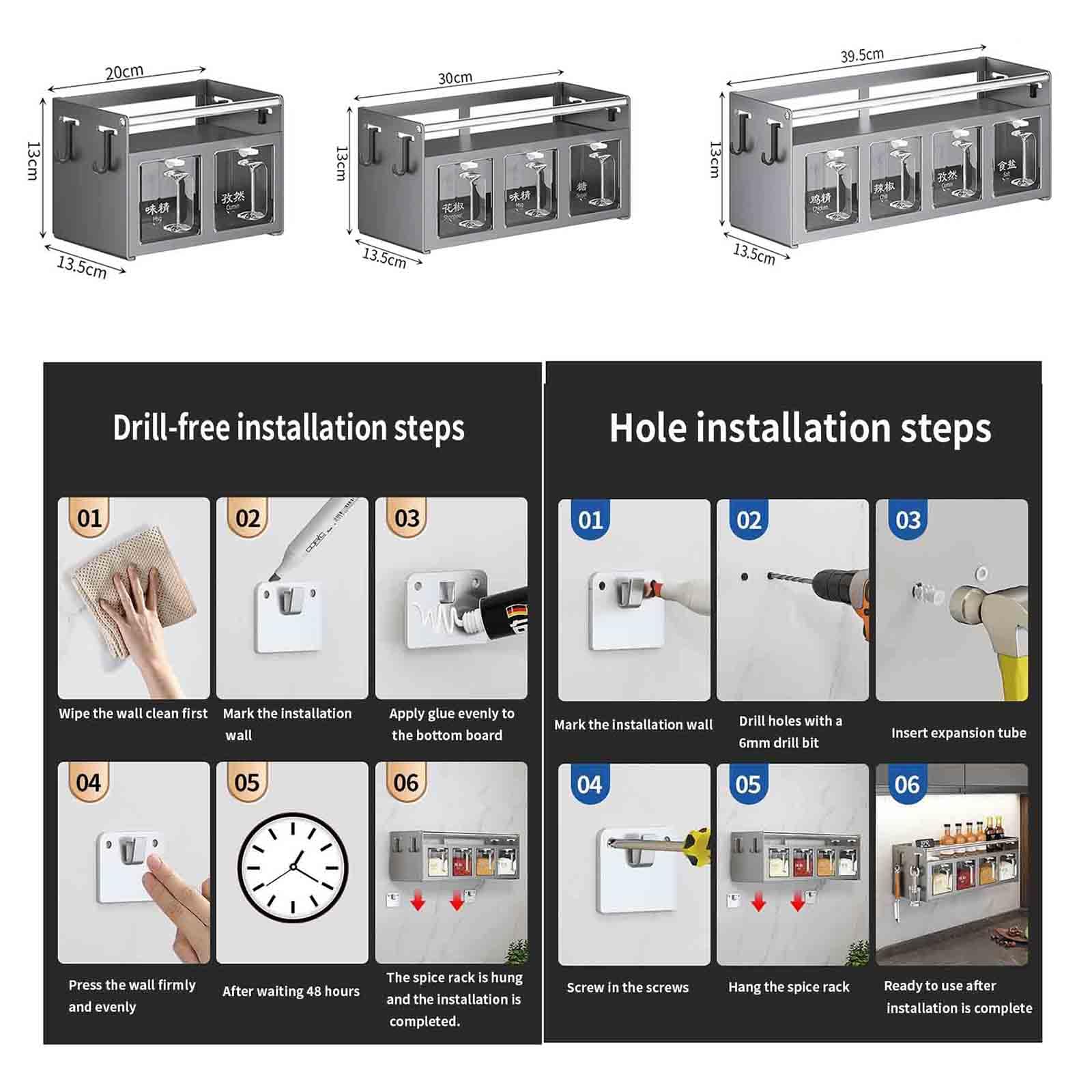 JUSHZ Gewürzregal Wand Stehend Küchenregal Gewürzregale Gewurzregal Gewürz Organizer Spice Rack Für Die Küche Spices Hängen Ecke Aufbewahrungsbox Für Gewürze Küche Wandmontiert (30x13.5x13cm,Black)