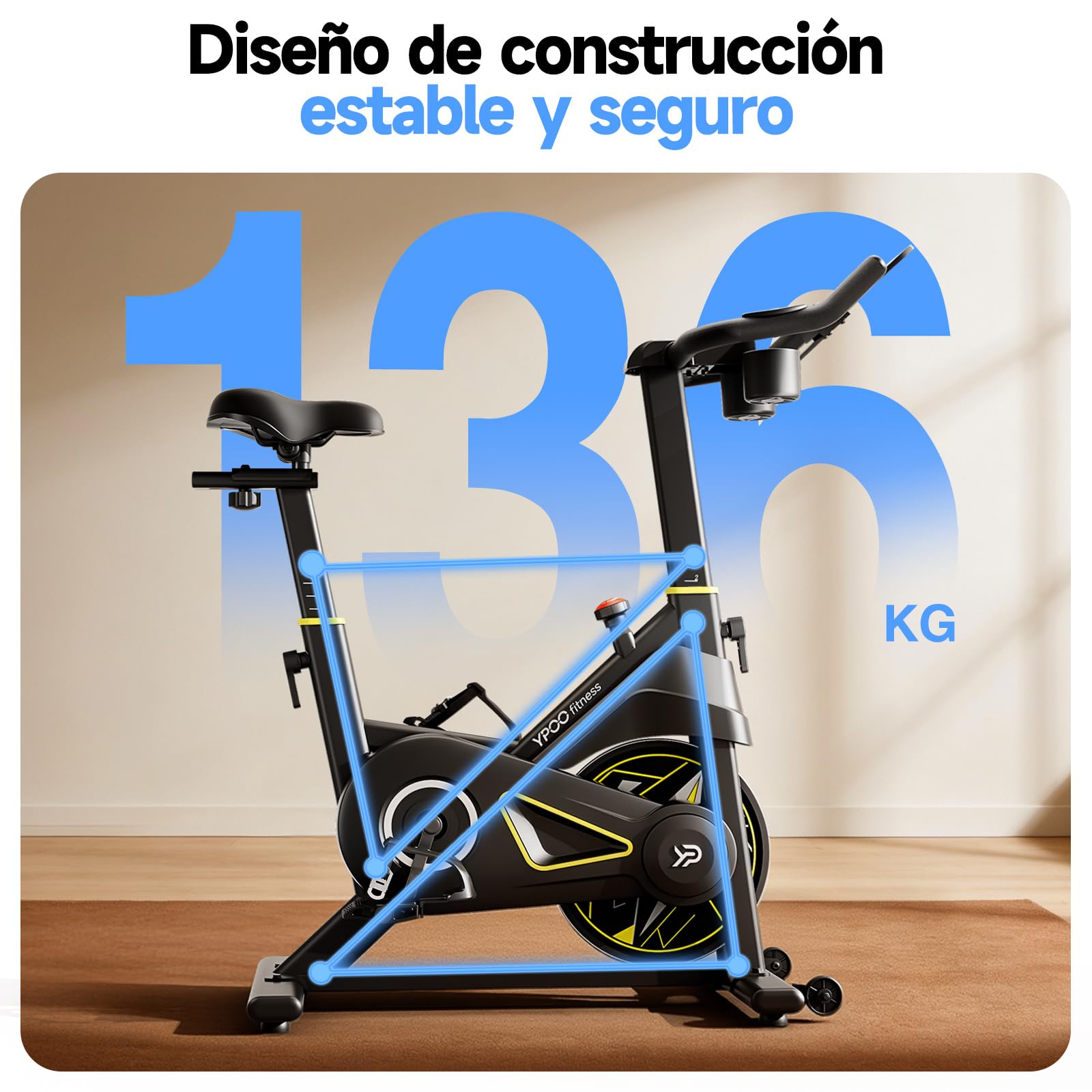 YPOO Bicicleta Estática para Casa, Asiento Cómodo, Soporte para Tablet y Clases de Fitness, Bici Indoor para Cardio en Casa, Bicicleta Estática Silenciosa de Gran Capacidad de Carga