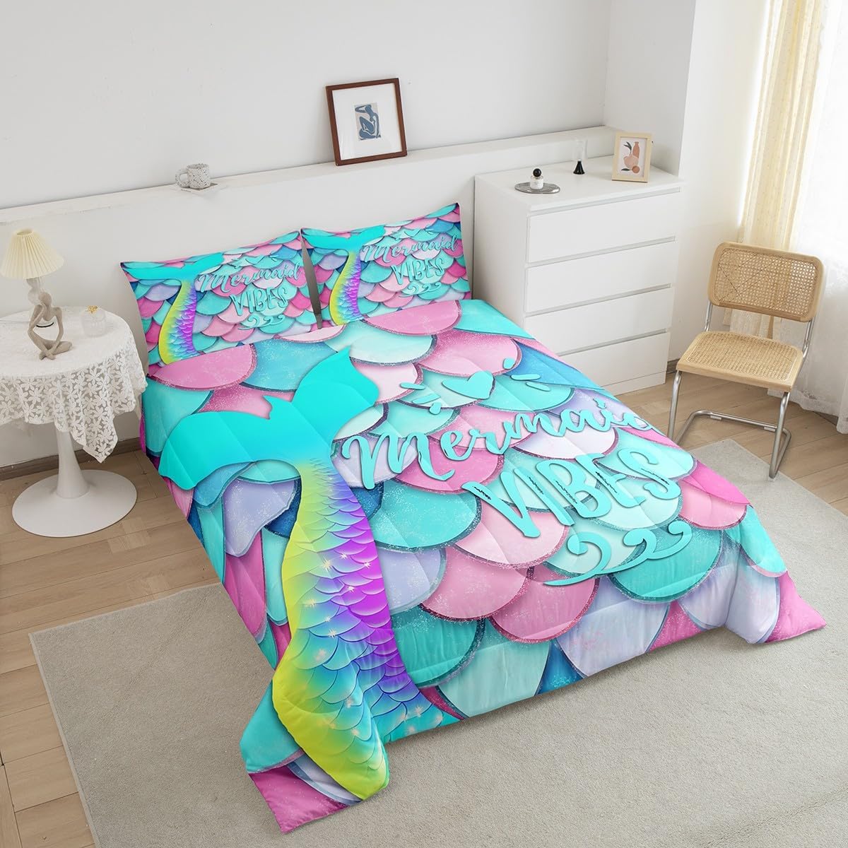 Erosebridal Girls Mermaid Comforter Set Twin Size, Kids Fish Scales Duvet Sets, Rainbow Sweet Bedding Set for Boys Teens Women Bedroom, Ocean Life Sea Animal Down Comforter with 1 Pillow Case