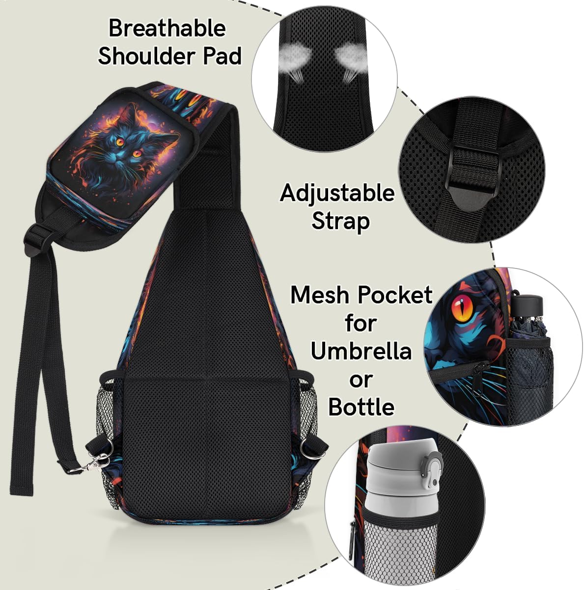 Retro Black Cat Crossbody Sling Backpack Sling Bag, Small Chest Bag Daypack Fanny Pack Cross Body Bag for Hiking Traveling Outdoors, Cat