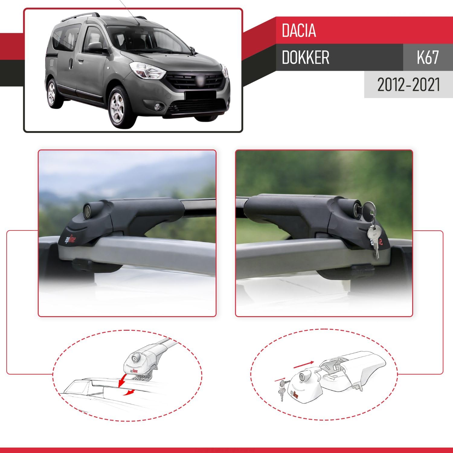 Kompatybilny z Dacia Dokker (K67) 2012-2024 ACE-1 Model Aluminiowy bagażnik dachowy 2 poprzeczki, czarne