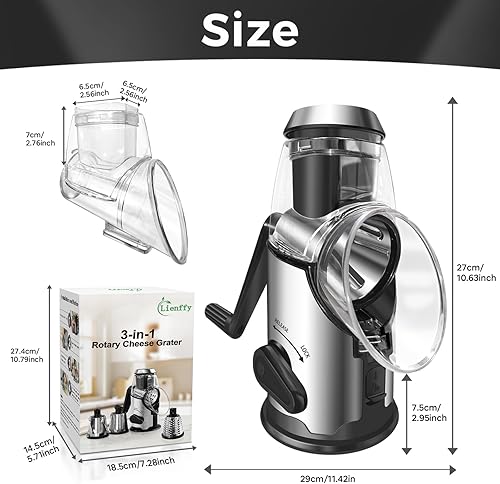 Miniatura 6 de Rallador de queso giratorio con asa, 3 cuchillas intercambiables para cocina, trituradora de queso y verduras, rallador de rebanador, molinillo de
