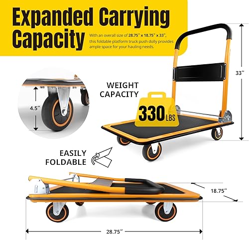 Miniatura 2 de MaxWorks 80876 - Carretilla de empuje con plataforma plegable de 330 libras de capacidad. Peso 149.69 kg. Negro y amarillo. 28.75" x 18.75" x 33"
