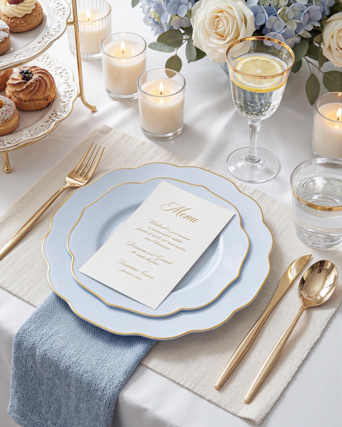 bUCLA 180PCS Blue Plastic Plates - Disposable Light Blue with Gold Rim - Include 30 Each (Dinner & Salad) Plates, 30 Knives, 30 Forks, 30 Spoons, 30 Cups for Party, Easter, Birthday & Shower