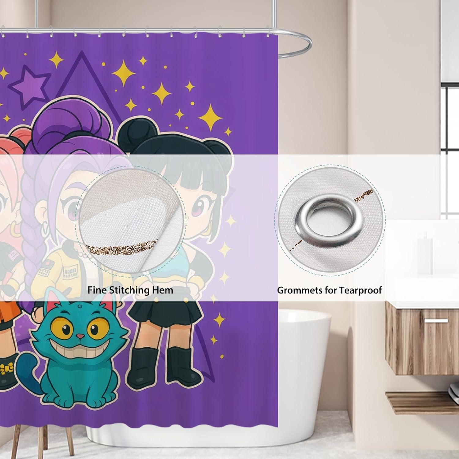 Funnytree Cute Anime Purple Korean Hunter Shower Curtain 72"x72" - Waterproof Fabric Bathroom Decor for Daughter,Teens,Fans,Girls,Women, Durable Easy Care Washable (Hooks Not Included)