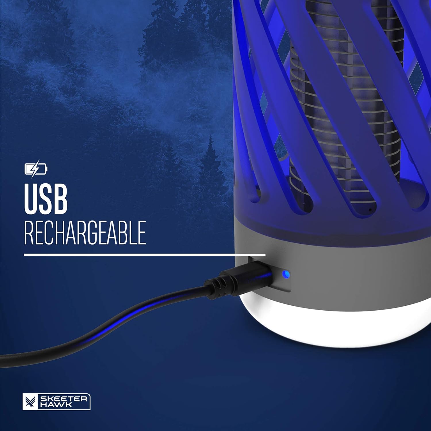 Close-up of the SKEETER HAWK Personal Mosquito Zapper showing the USB charging port with a blue indicator light