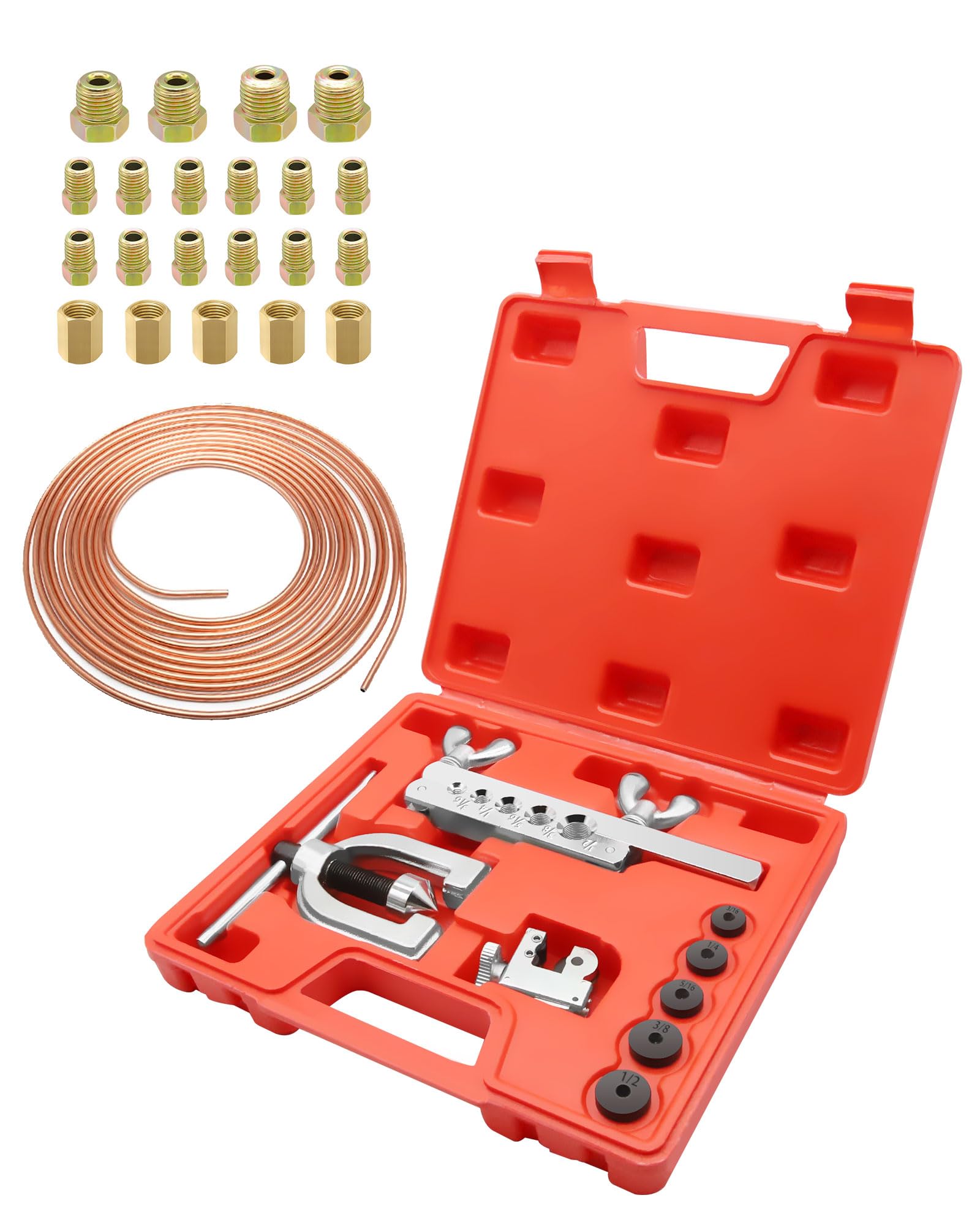 RUIZHI Kit Tuyau Frein Voiture, 7,62 m de Ø 6,35 mm avec 16 Raccords + 5 Connecteurs, Idéal pour les Systèmes de Freinage Hydrauliques de Voiture