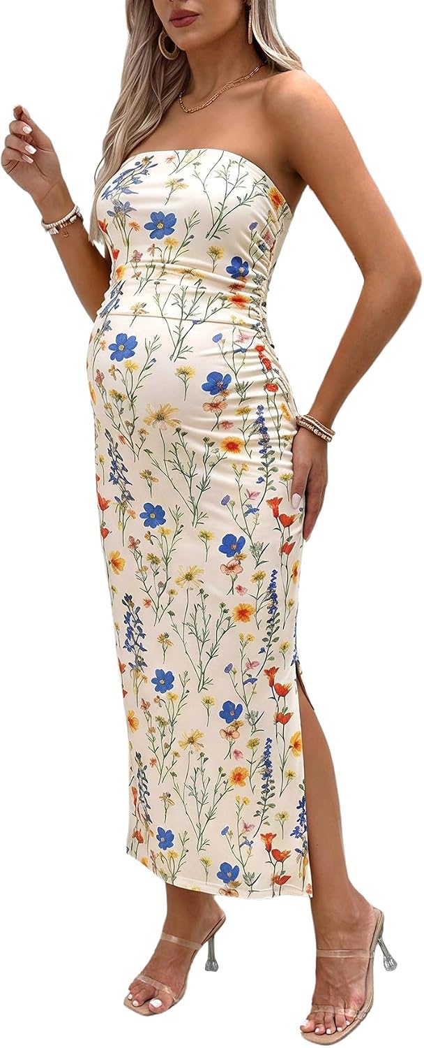 Milumia Women's Maternity Floral Mesh Split Strapless Tube Dress Bodycon Maxi Dresses Baby Shower Wedding Guest