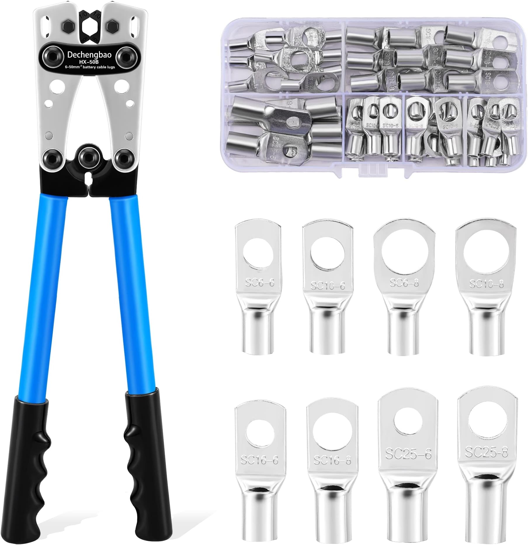 HX-50B Battery Cable Lug Crimping Tools Hand Electrician Pliers for Crimping Wire Cable from 6-50mm²(AWG 8-1/0) with Thickened and Reinforced the Metal Plate (HX50B Crmper +60PCSTerminals)