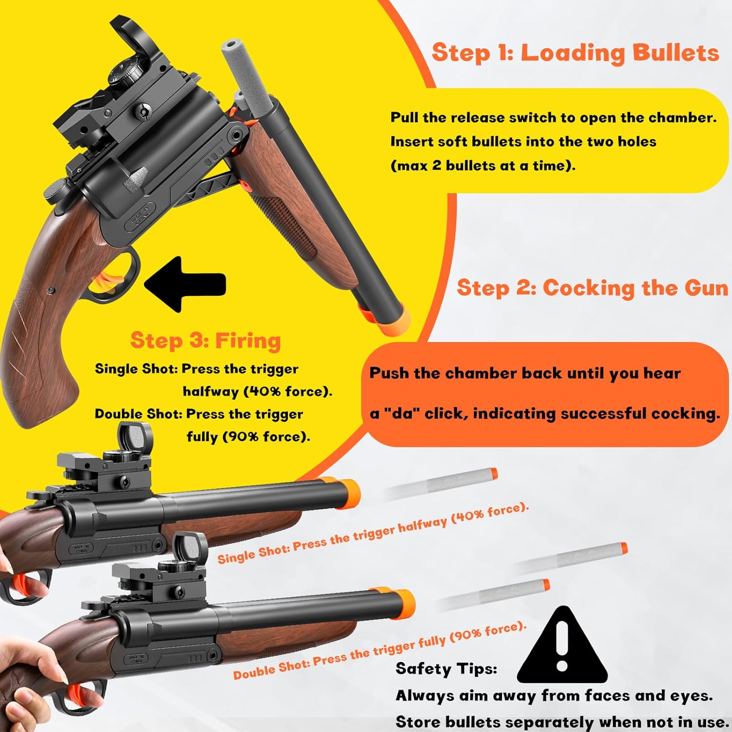 Double Barrel Toy Shotgun with Soft Bullets - Realistic Foam Blaster Gun for Kids, Sniper Rifle with Scope & Safe Rubber Bullets - Boys Outdoor Toys for Ages 6-12 (Brown)