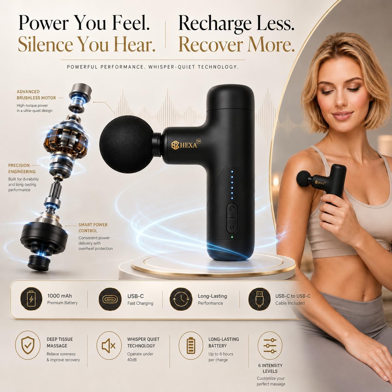 Hexa Super Mini Massage Gun with Face Massager, Muscle Massager, Black